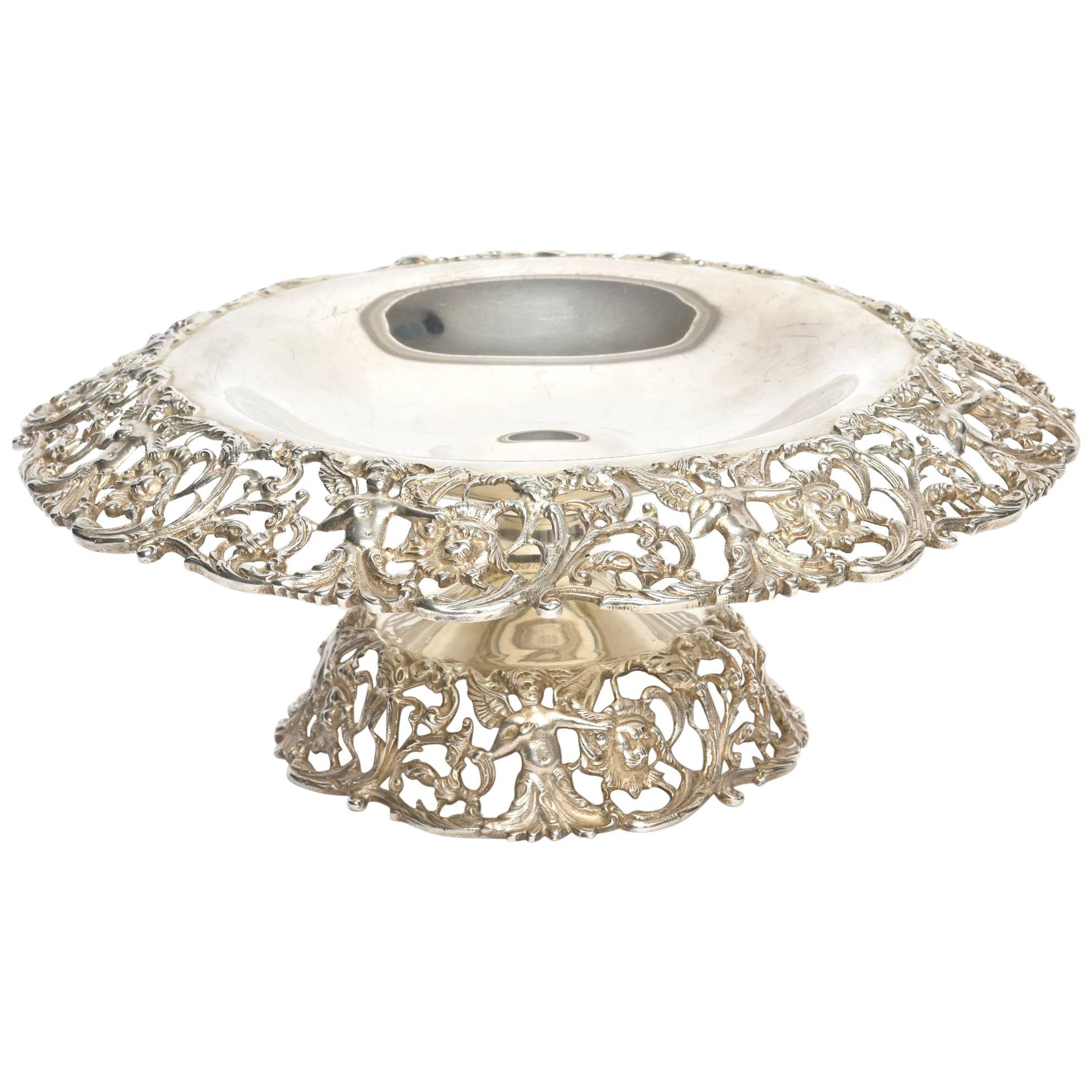 Pierced Sterling Silver Cherub and Lion Figural Compote