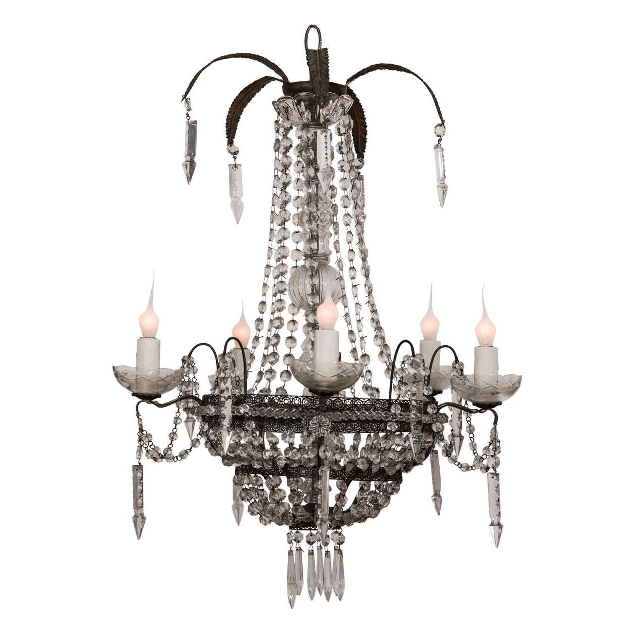 Pierced Tole Italian Chandelier Decorated in Crystal and Glass Prisms For Sale