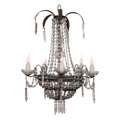 Antique Pierced Tole Italian Chandelier Decorated in Crystal and Glass Prisms