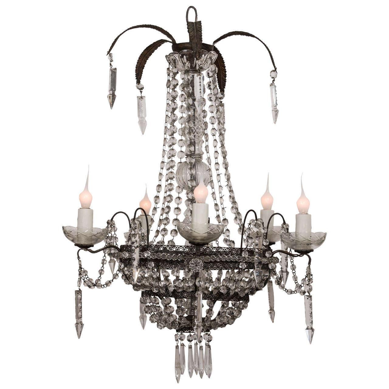 Pierced Tole Italian Chandelier Decorated in Crystal and Glass Prisms For Sale 2