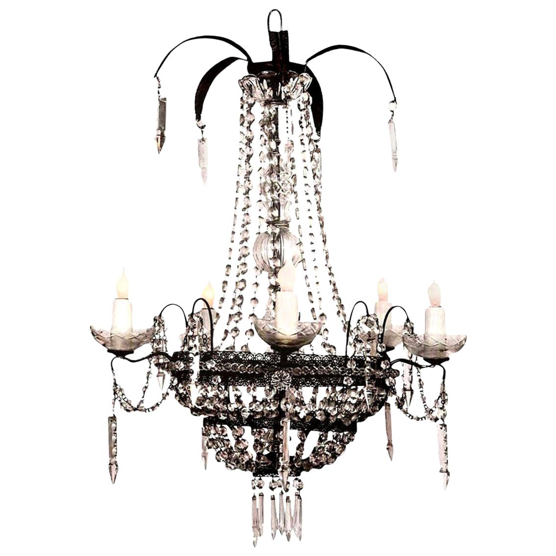 Pierced Tole Italian Chandelier Decorated in Crystal and Glass Prisms For Sale 3