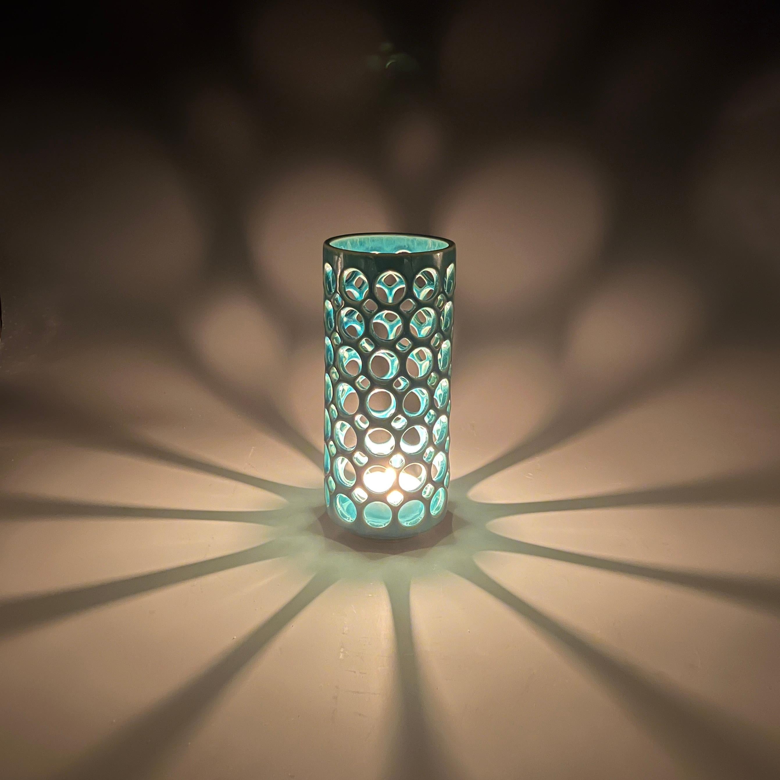 Mid-Century Modern Pierced Turquoise Column Vessel/Candleholder For Sale