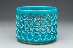 Pierced Ceramic Turquoise Cylindrical Bowl, in Stock