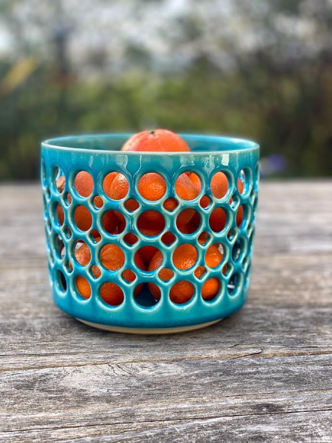 Mid-Century Modern Pierced Ceramic Turquoise Cylindrical Bowl, in Stock For Sale