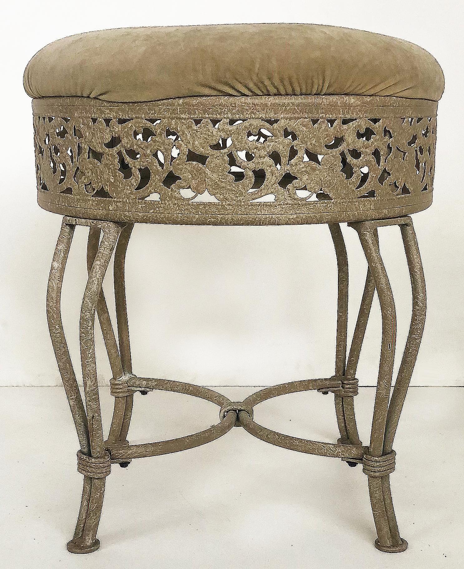 American Pierced Wrought Iron Painted Upholstered Low Stool, As-Found Upholstery For Sale