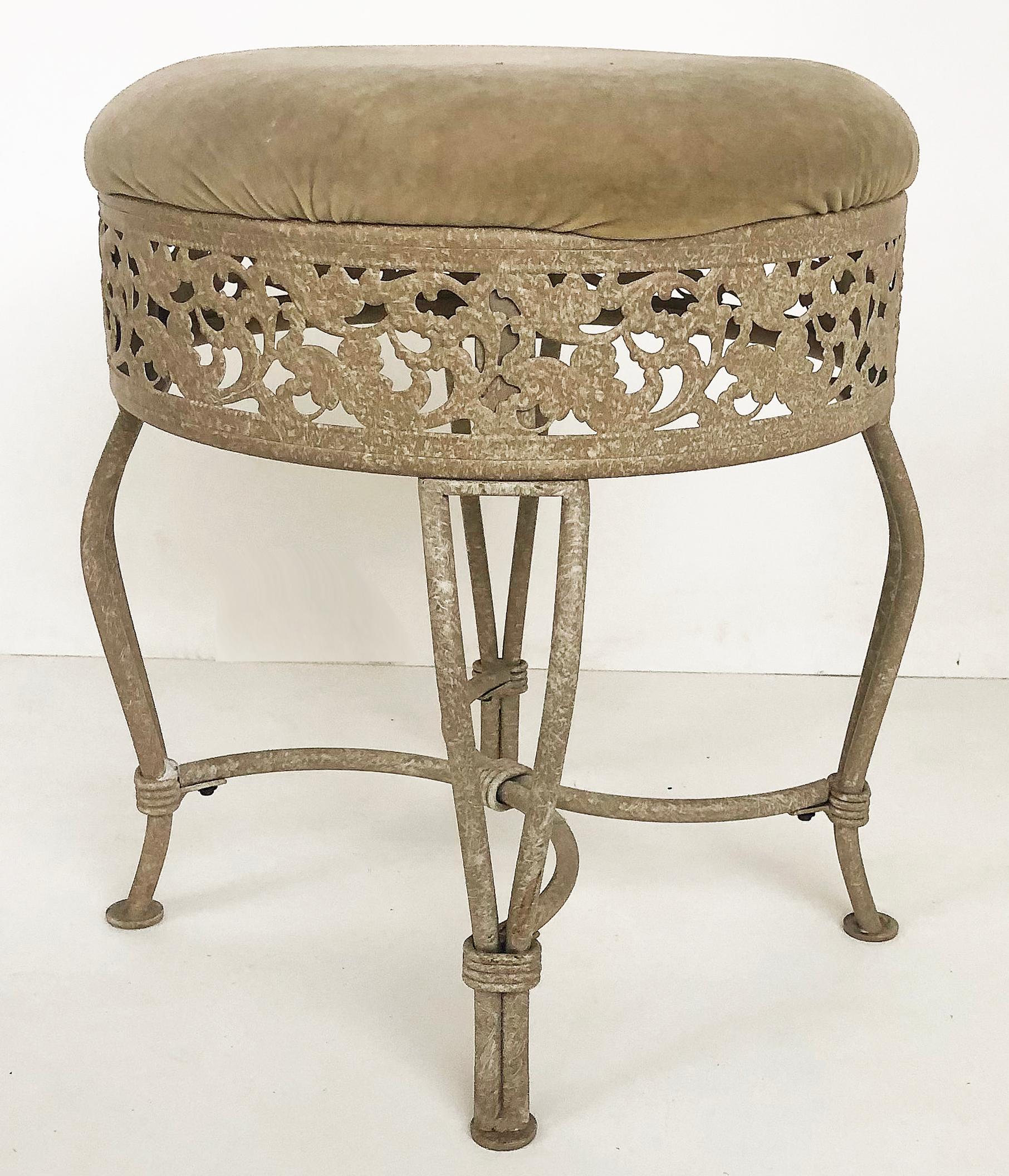 Cast Pierced Wrought Iron Painted Upholstered Low Stool, As-Found Upholstery For Sale