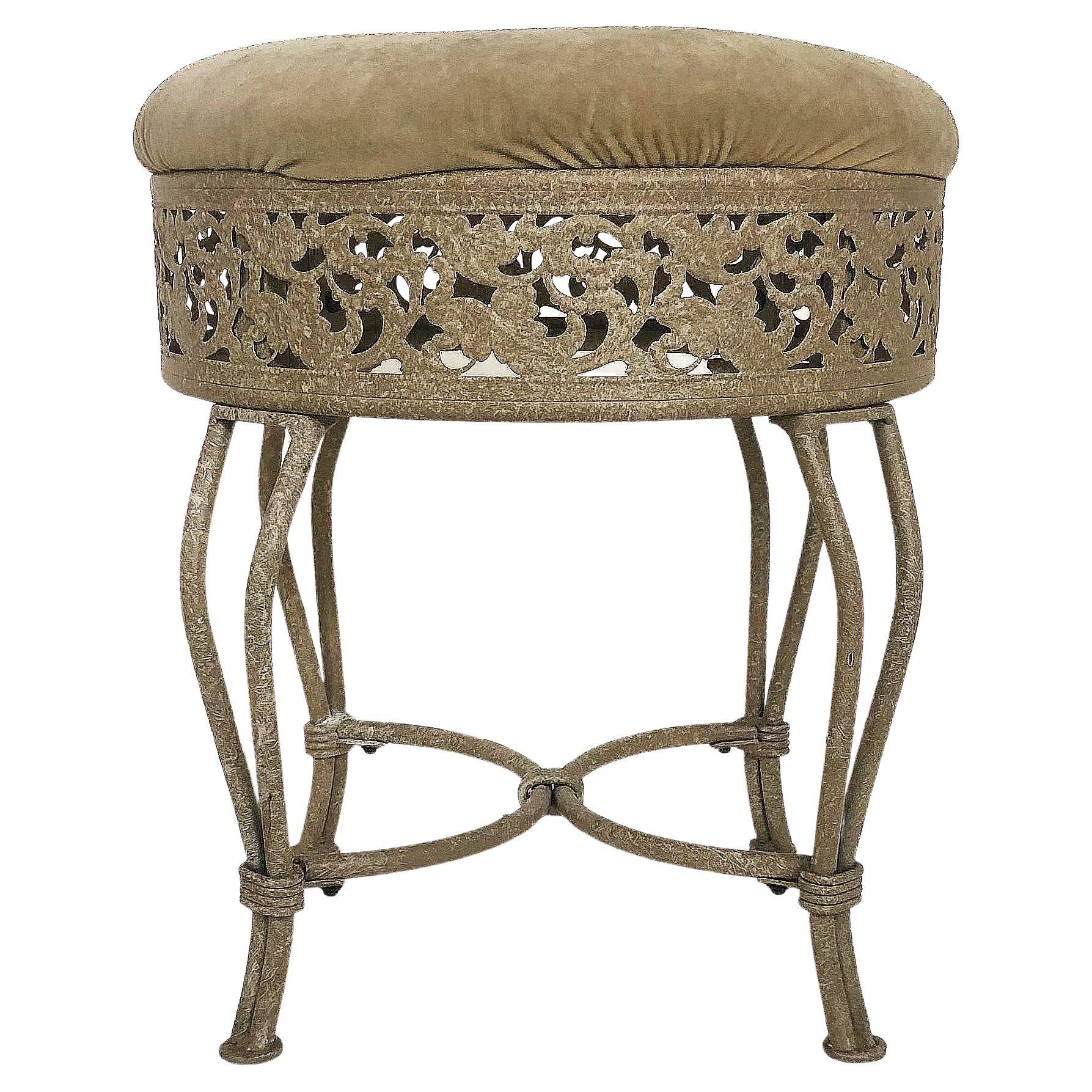 Pierced Wrought Iron Painted Upholstered Low Stool, As-Found Upholstery For Sale