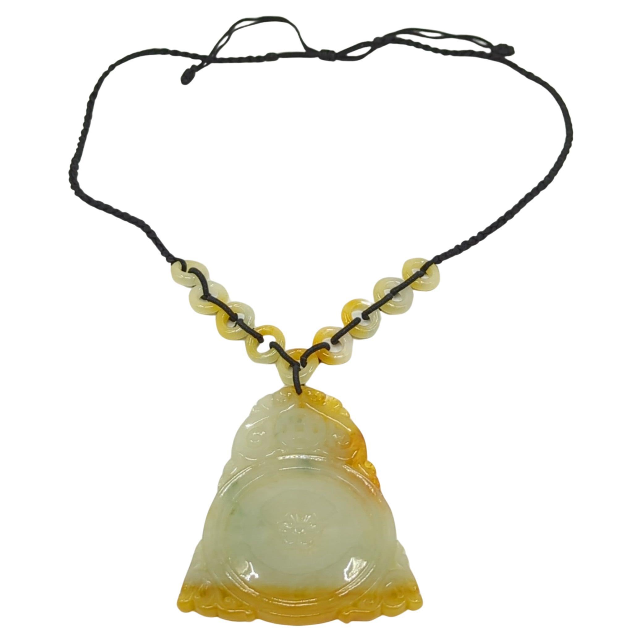Fine Chinese Pierced Yellow Honey Jadeite Pendant Beaded Necklace A-Grade 20-26