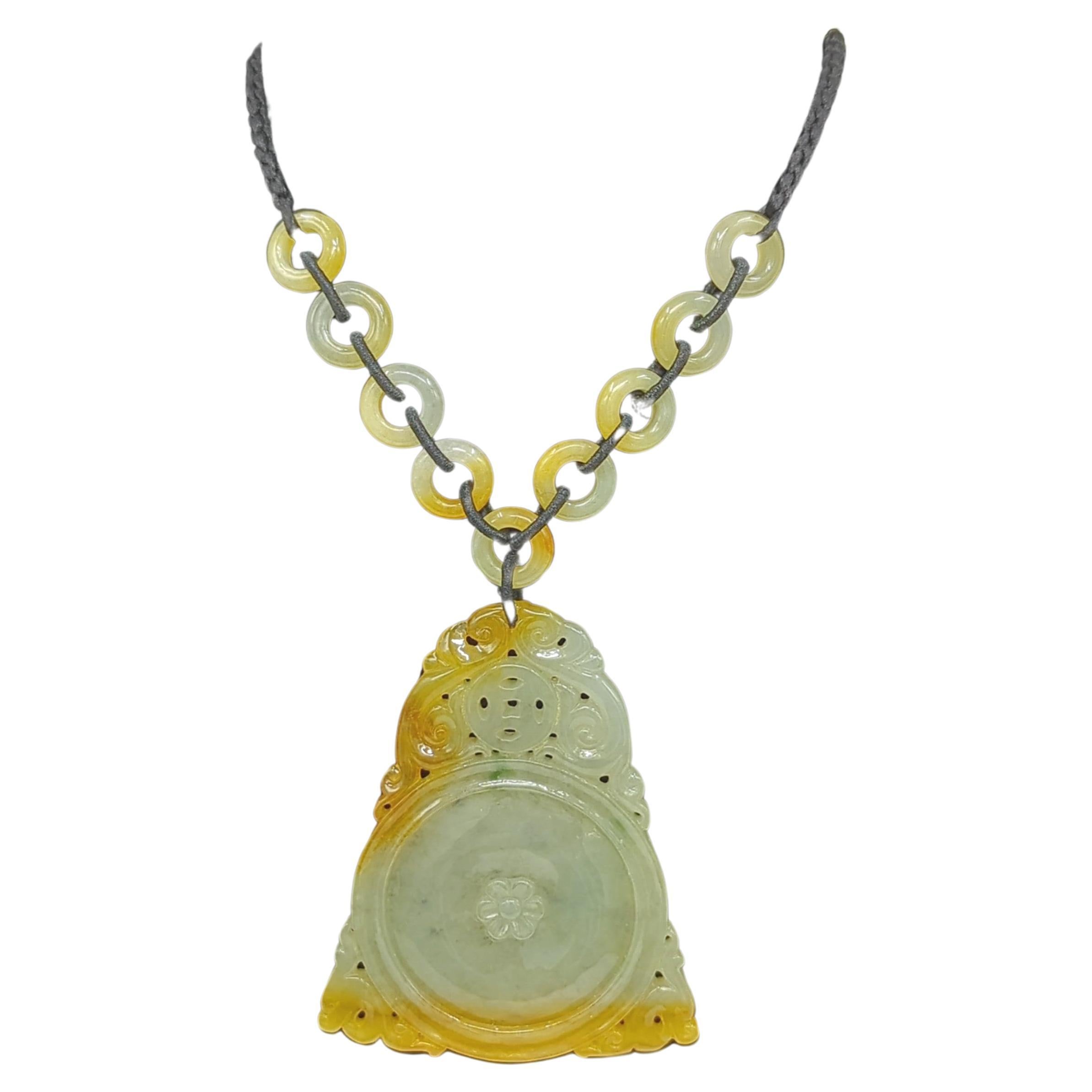 Artisan Fine Chinese Pierced Yellow Honey Jadeite Pendant Beaded Necklace A-Grade 20-26
