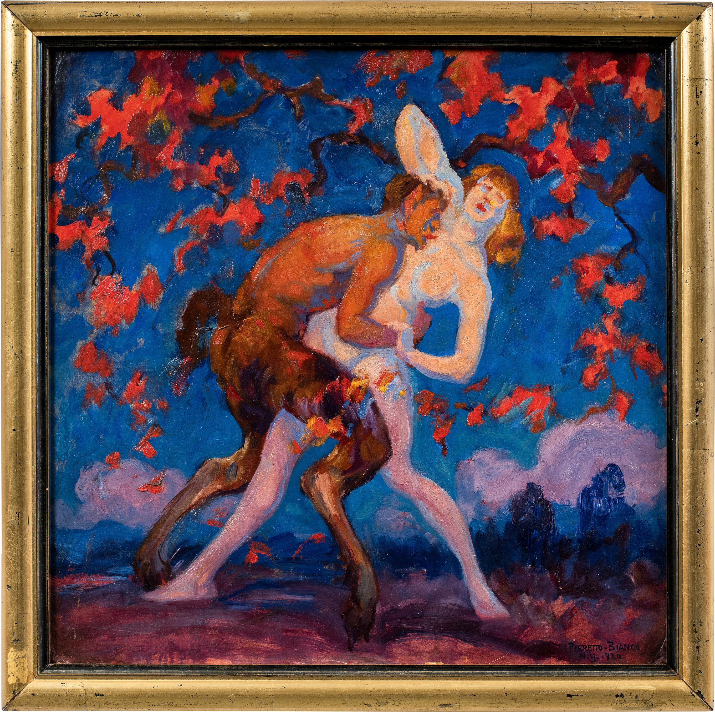 Pietro Bortoluzzi Bianco, conocido como Pieretto Bianco (Trieste 1875 - Bolonia 1937) - Sátiro y ninfa.

50,5 x 50,5 cm sin marco, 57,5 x 57,5 cm con marco.

Óleo sobre cartón, en marco de madera dorada.

- Obra firmada y fechada abajo a la derecha:
