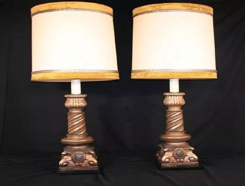 Vintage Pieri Tullio Large Italian Hollywood Regency Column Table Lamps Green and Gold - a Pair. Item features Plaster Spiral Form Bodies, Original Velvet and Wood Trim Shades, By Pieri Tullio of Italy. Circa Late 20th Century. Measurements: 50.5