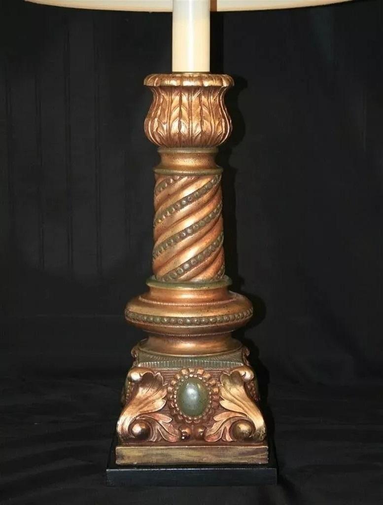 Unknown Pieri Tullio Large Italian Hollywood Regency Column Table Lamp Green Gold - Pair For Sale