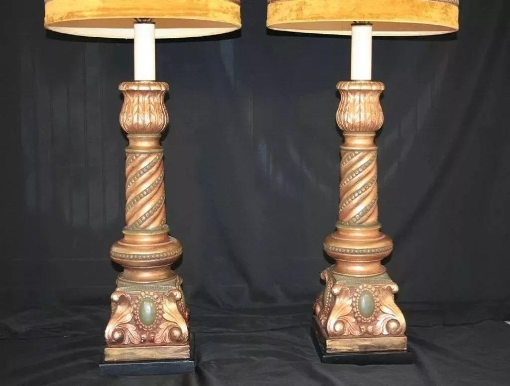 Pieri Tullio Large Italian Hollywood Regency Column Table Lamp Green Gold - Pair For Sale 3