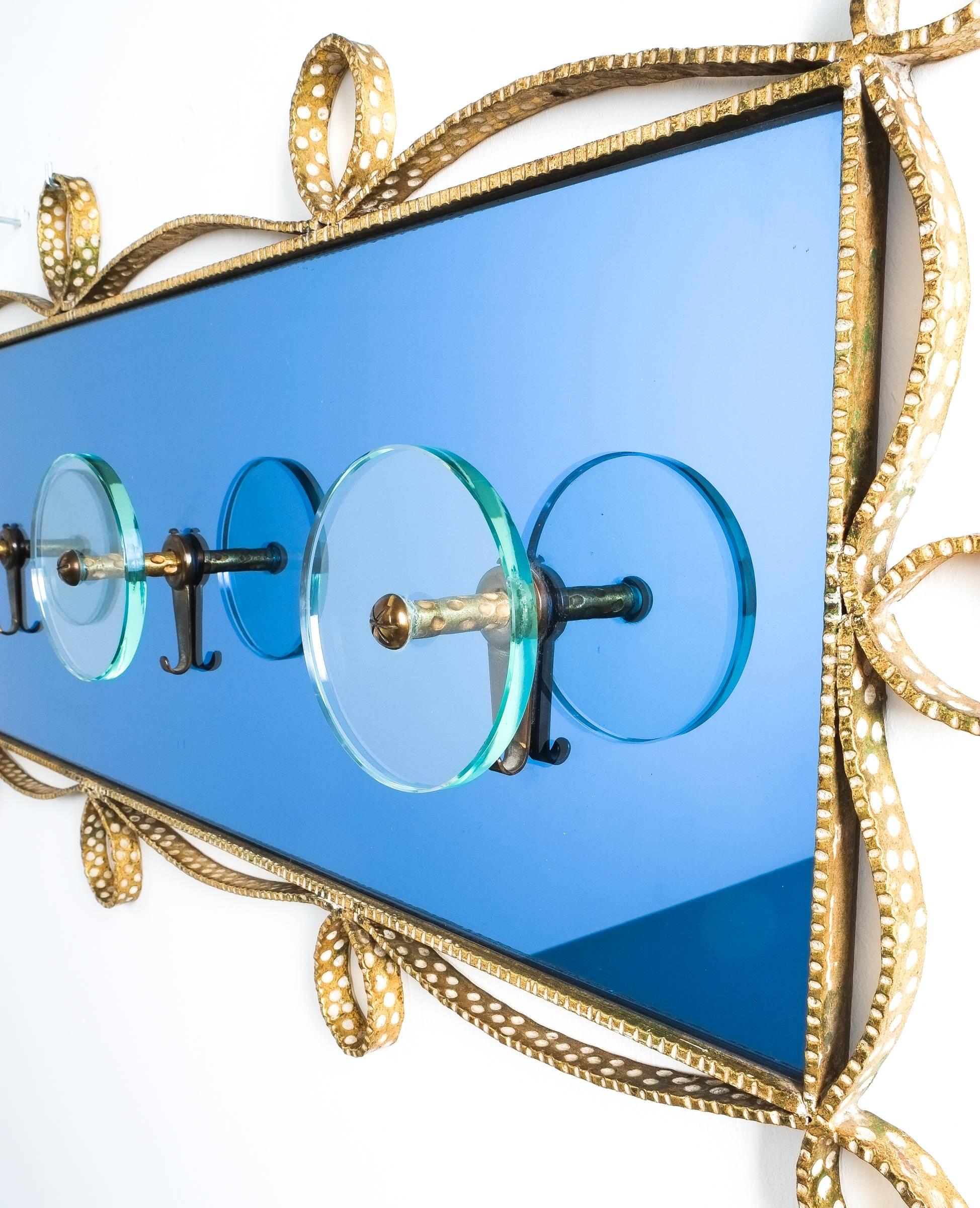 Gilt Pierluigi Colli Coatrack Blue Glass Mirror Iron, Italy, 1955