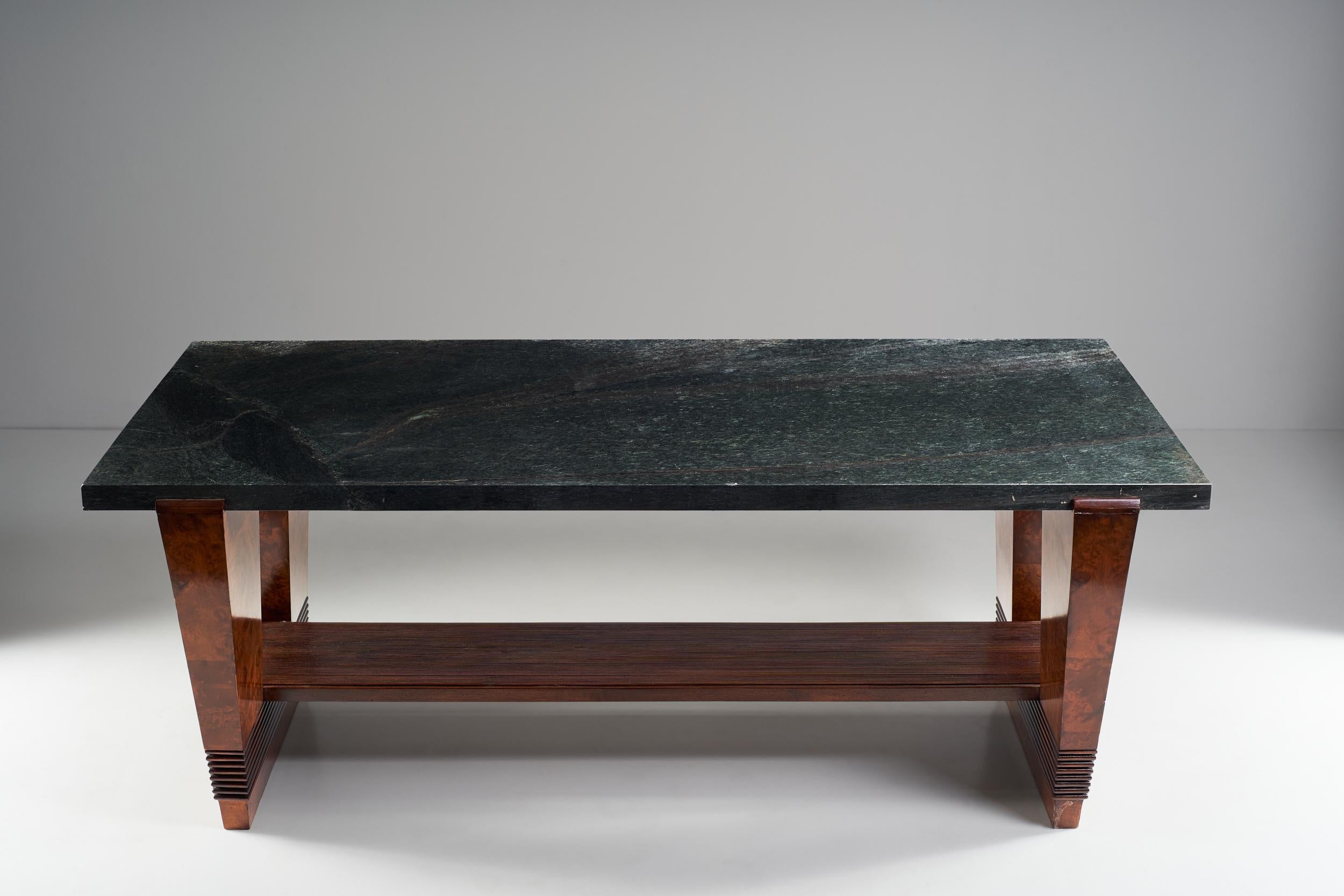 Mid-Century Modern Pierluigi Colli Table with Verde Alpi Marble Top and Wooden Structure circa 1940 For Sale