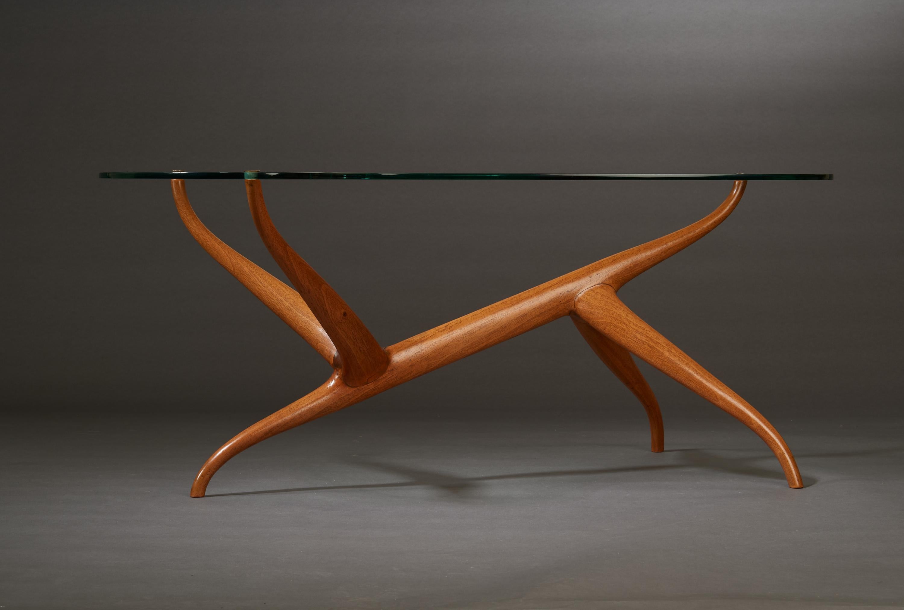 Pierluigi Giordani: Exceptional Sculptural Oak & Glass Coffee Table, Italy 1950s For Sale 1