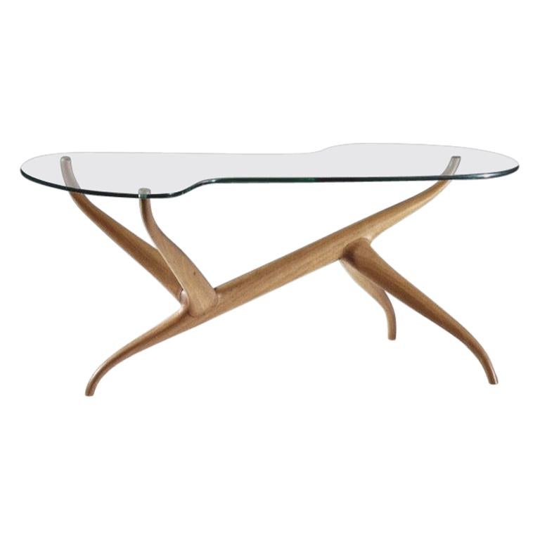 Pierluigi Giordani Exceptional Sculptural Oak & Glass Coffee Table, Italy 1950s