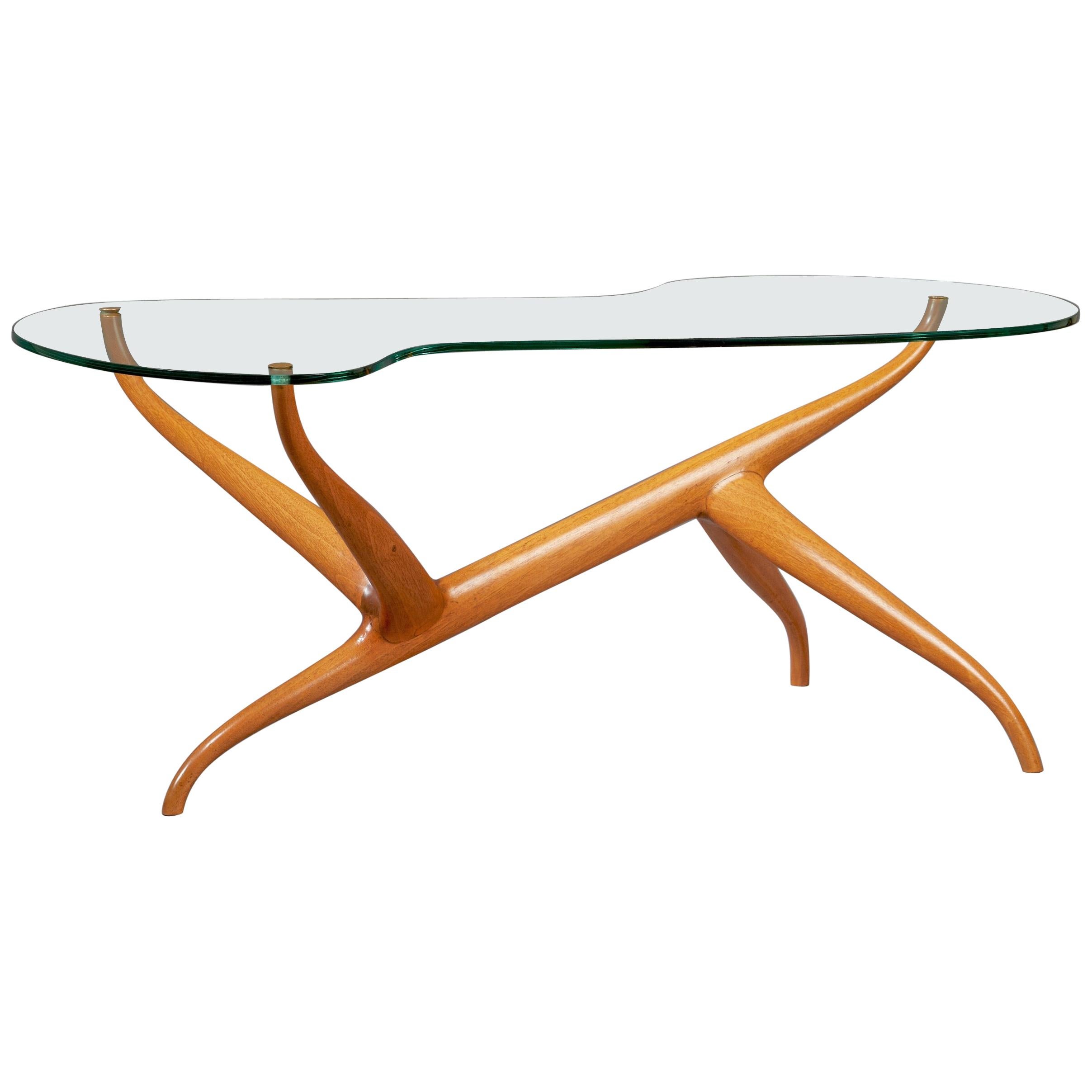 Pierluigi Giordani : Exceptionnelle table basse sculpturale en Oak Oak et verre, Italie, années 1950
