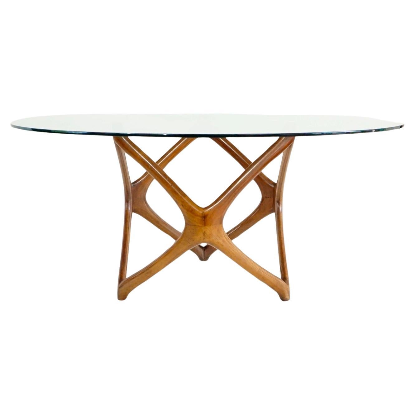 Runder Couchtisch von Pierluigi Giordani, geschnitztes Holz und Kristallplatte, 1950 im Angebot