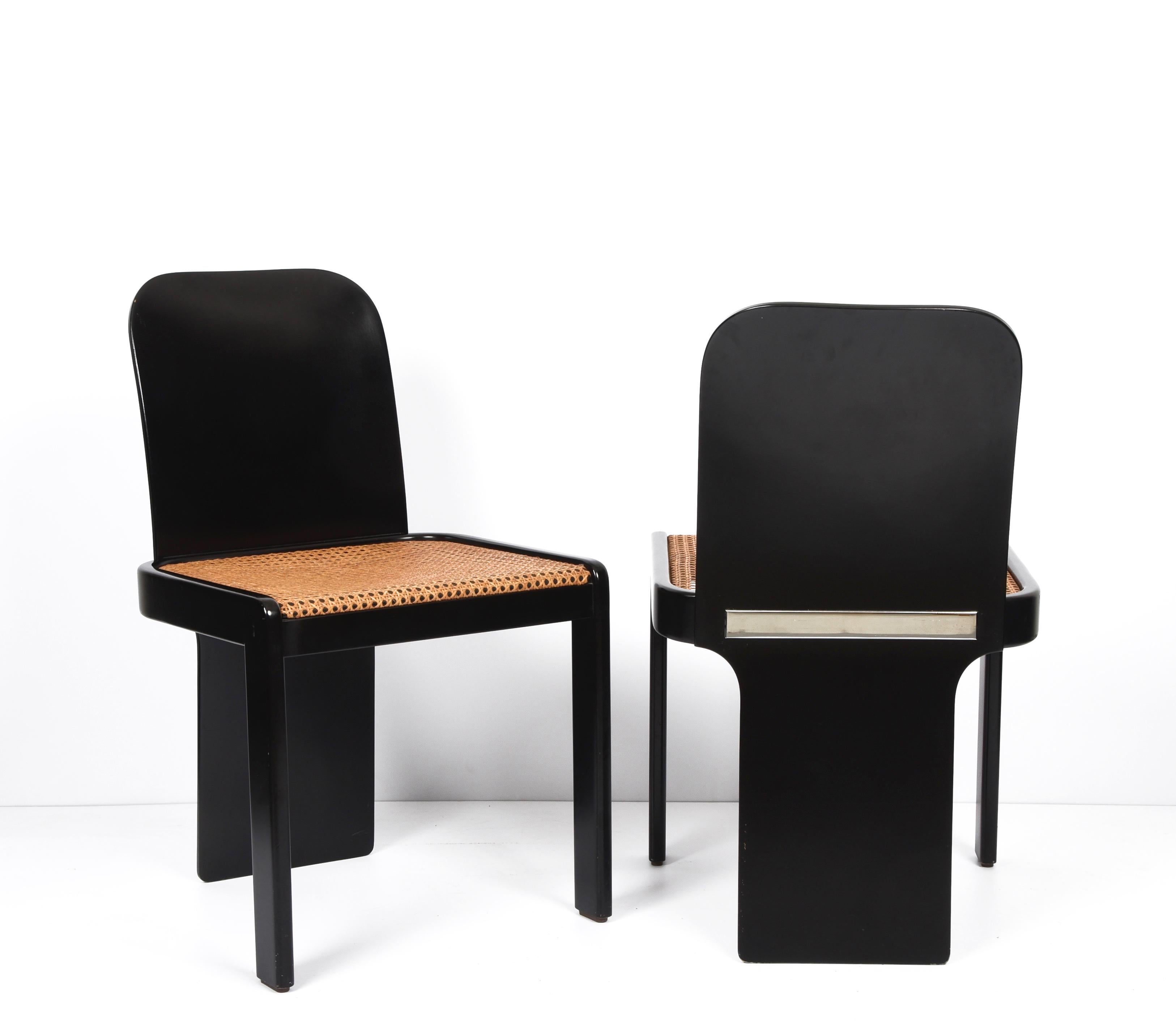 Straw Pierluigi Molinari Midcentury Black Wood Italian Chairs for Pozzi, 1970s