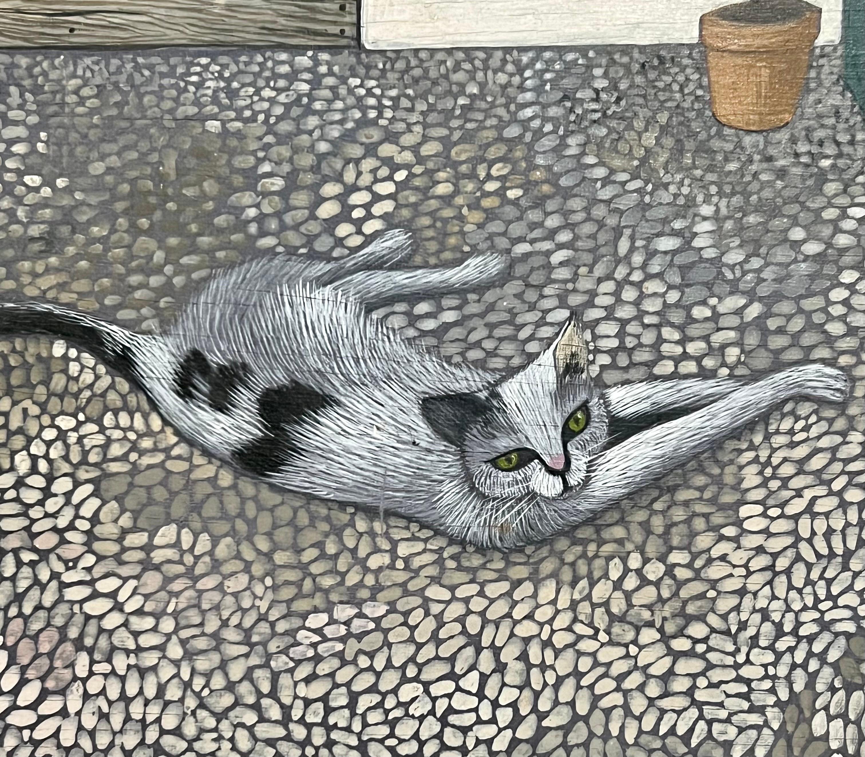 Italian American Modernist Pattern Painting Key West Kitty Cat Piero Aversa Art For Sale 3