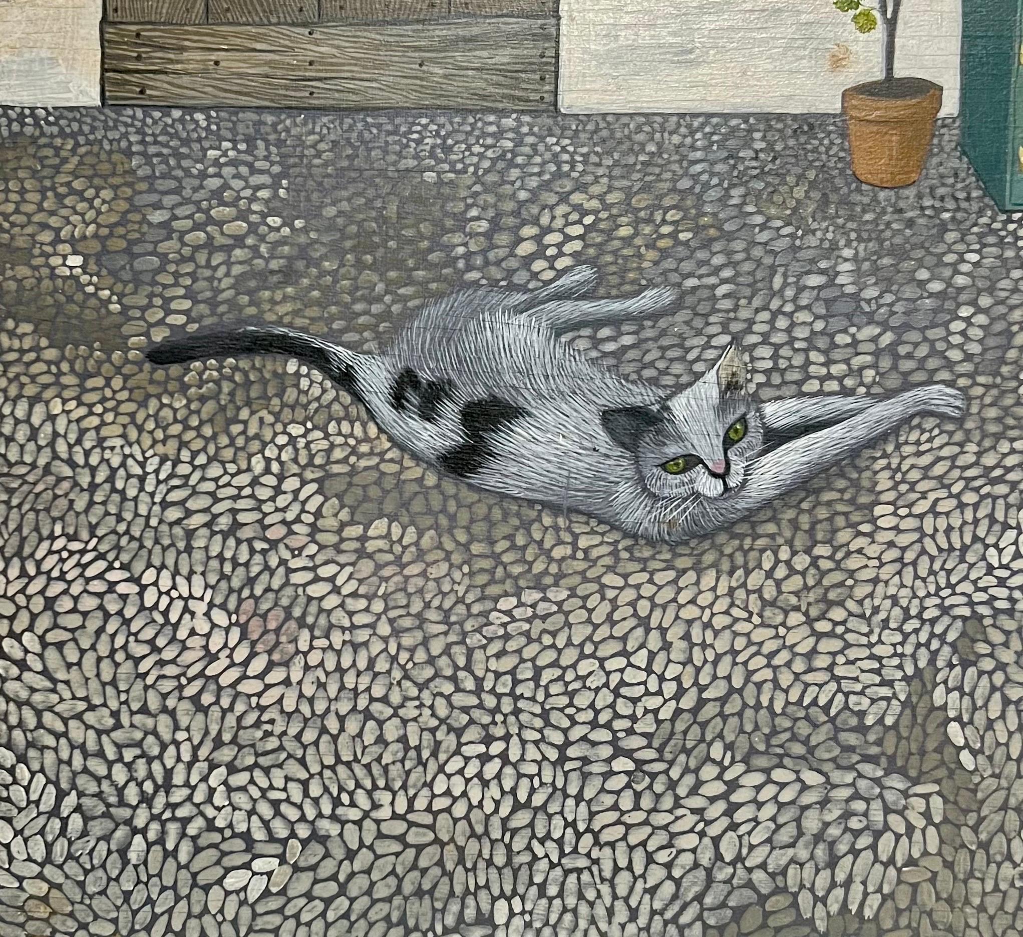 Italian American Modernist Pattern Painting Key West Kitty Cat Piero Aversa Art For Sale 3