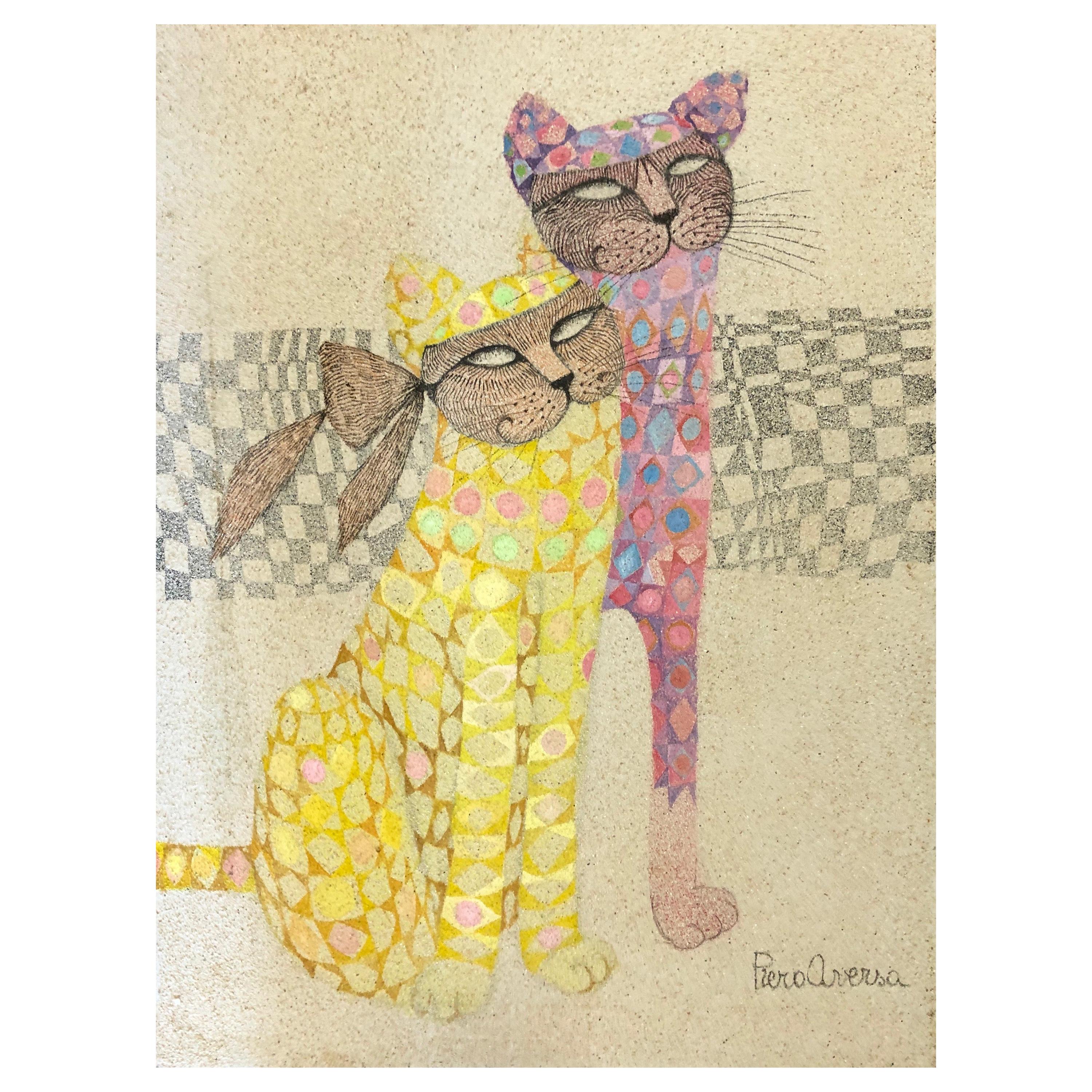 Piero Aversa "Masquerading Cats" Original Mixed-Media, circa 1970s For Sale