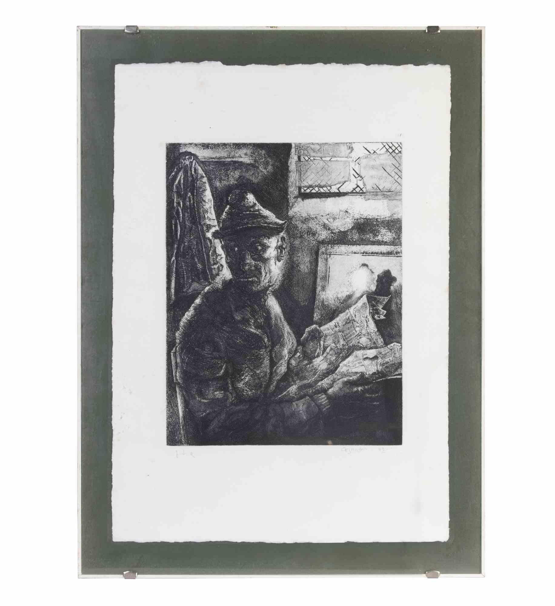 Man with Newspaper -  Etching by Piero Cesaroni - 1973 For Sale 1