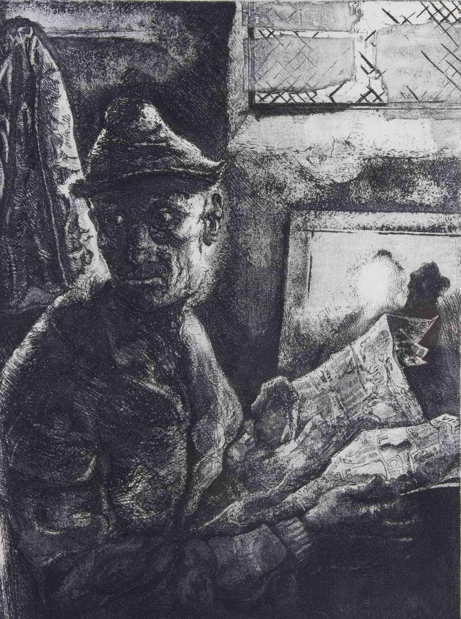 Man with Newspaper is anl artwork realized by the Italian artist Piero Cesaroni  (Brescia, 1944) in 1973.

Original Black and White Etching on paper.

Hand-signed and dated in pencil on the lower, artist's proof.

Edition of ten prints. 

Good
