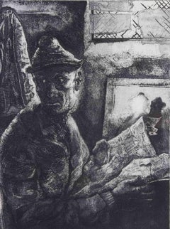 Hombre con periódico -  Aguafuerte de Piero Cesaroni - 1973