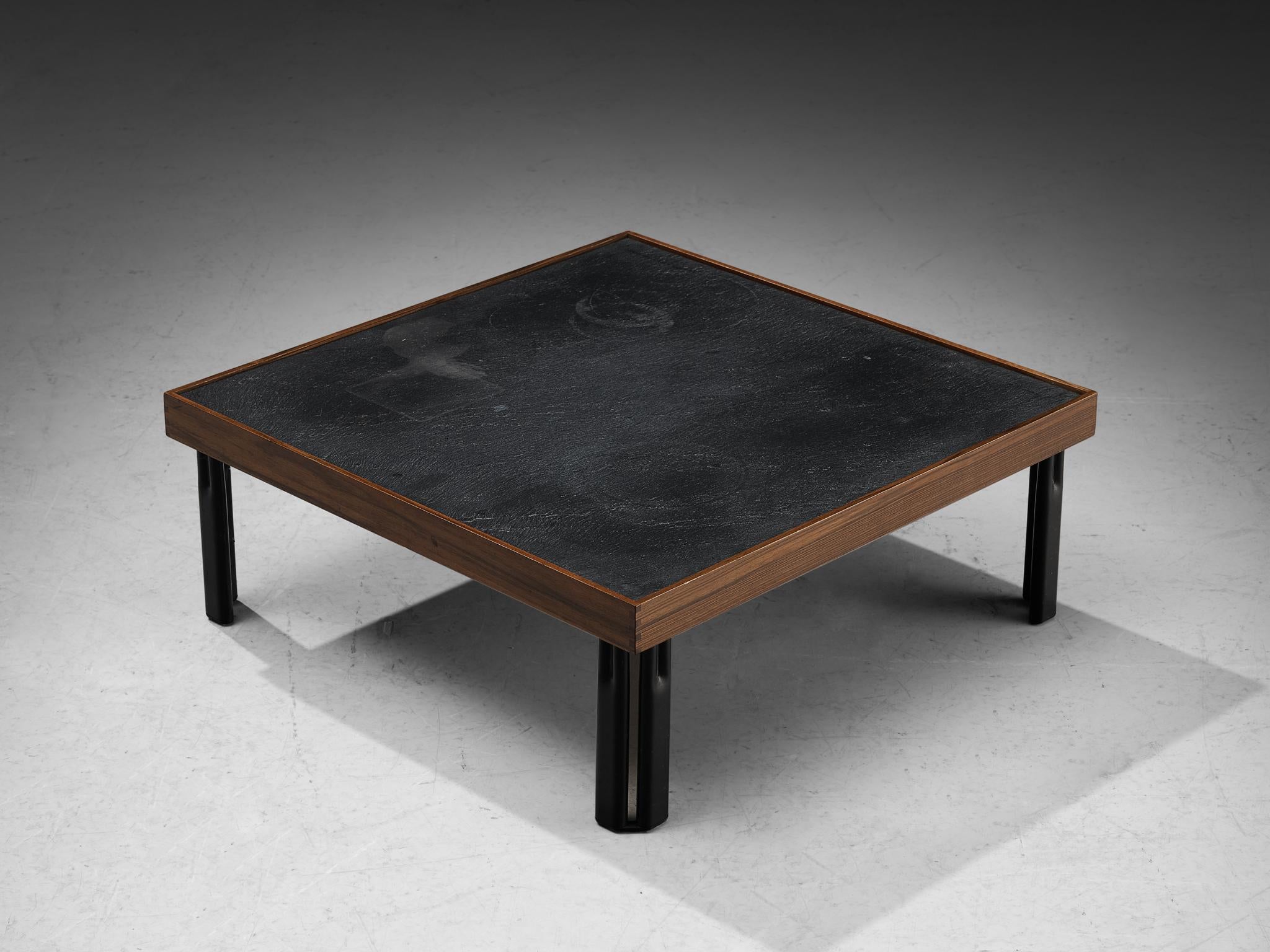 Piero De Martini for Cassina, 'Naviglio' coffee table, walnut, slate, metal, Italy, 1980s

This low table features are modernly structured, featuring a clear square table top executed in slate and surrounded by a walnut frame. The double black