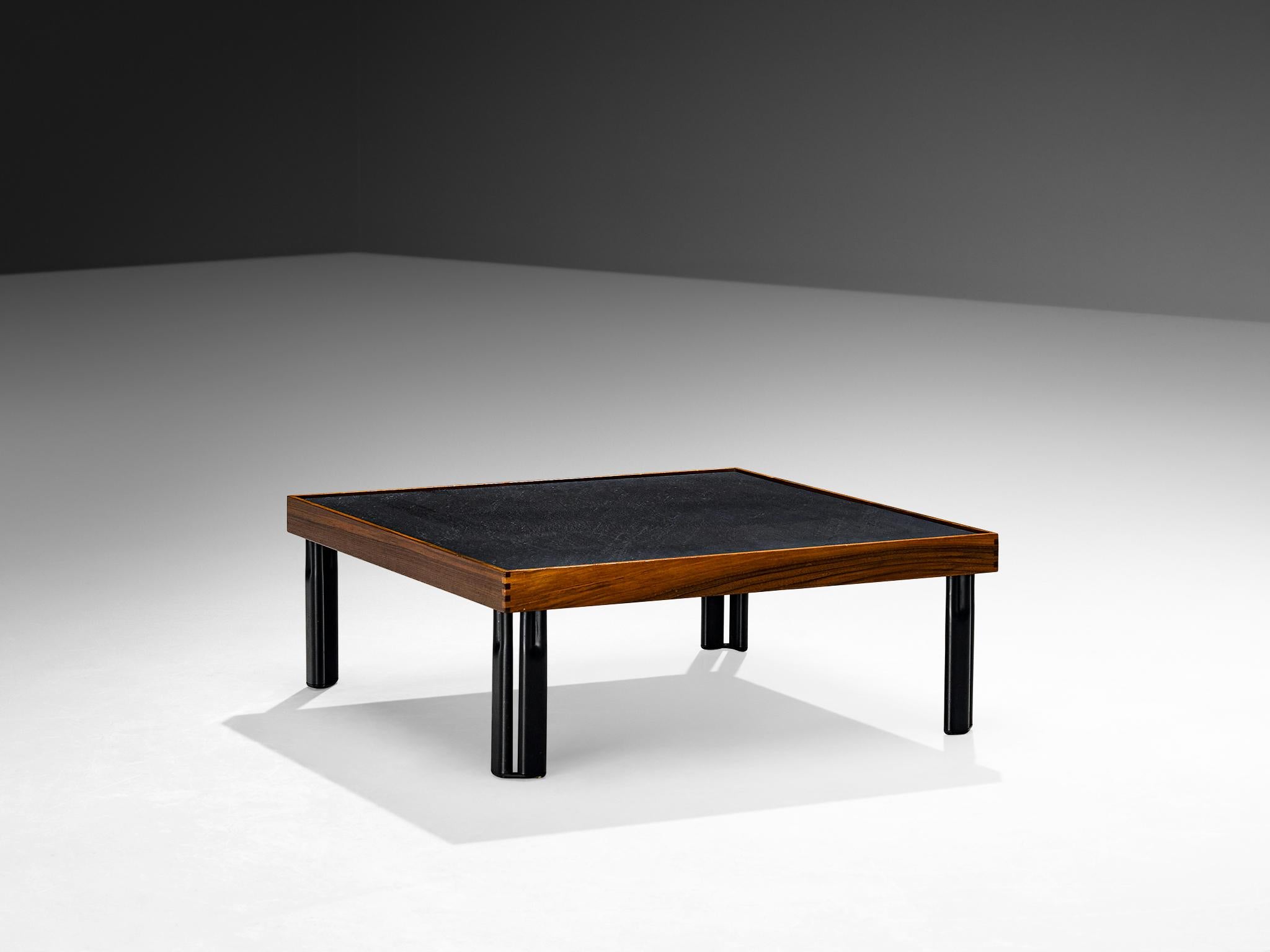 Piero De Martini for Cassina, 'Naviglio' coffee table, walnut, slate, metal, Italy, 1980s

This low table features are modernly structured, featuring a clear square table top executed in slate and surrounded by a walnut frame. The double black