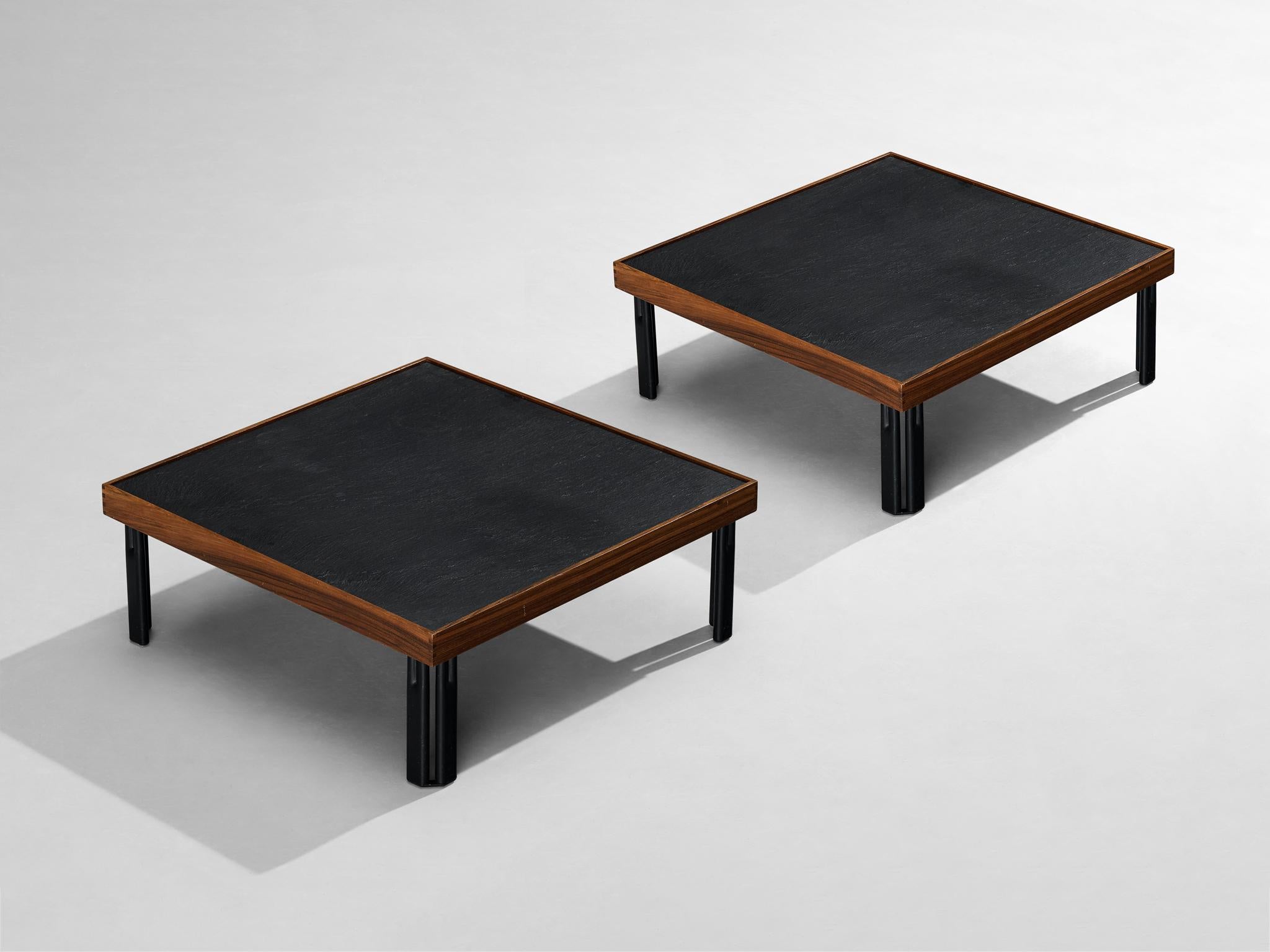Piero De Martini for Cassina, 'Naviglio' coffee tables, walnut, slate, metal, Italy, 1980s

This low table features are modernly structured, featuring a clear square table top executed in slate and surrounded by a walnut frame. The double black