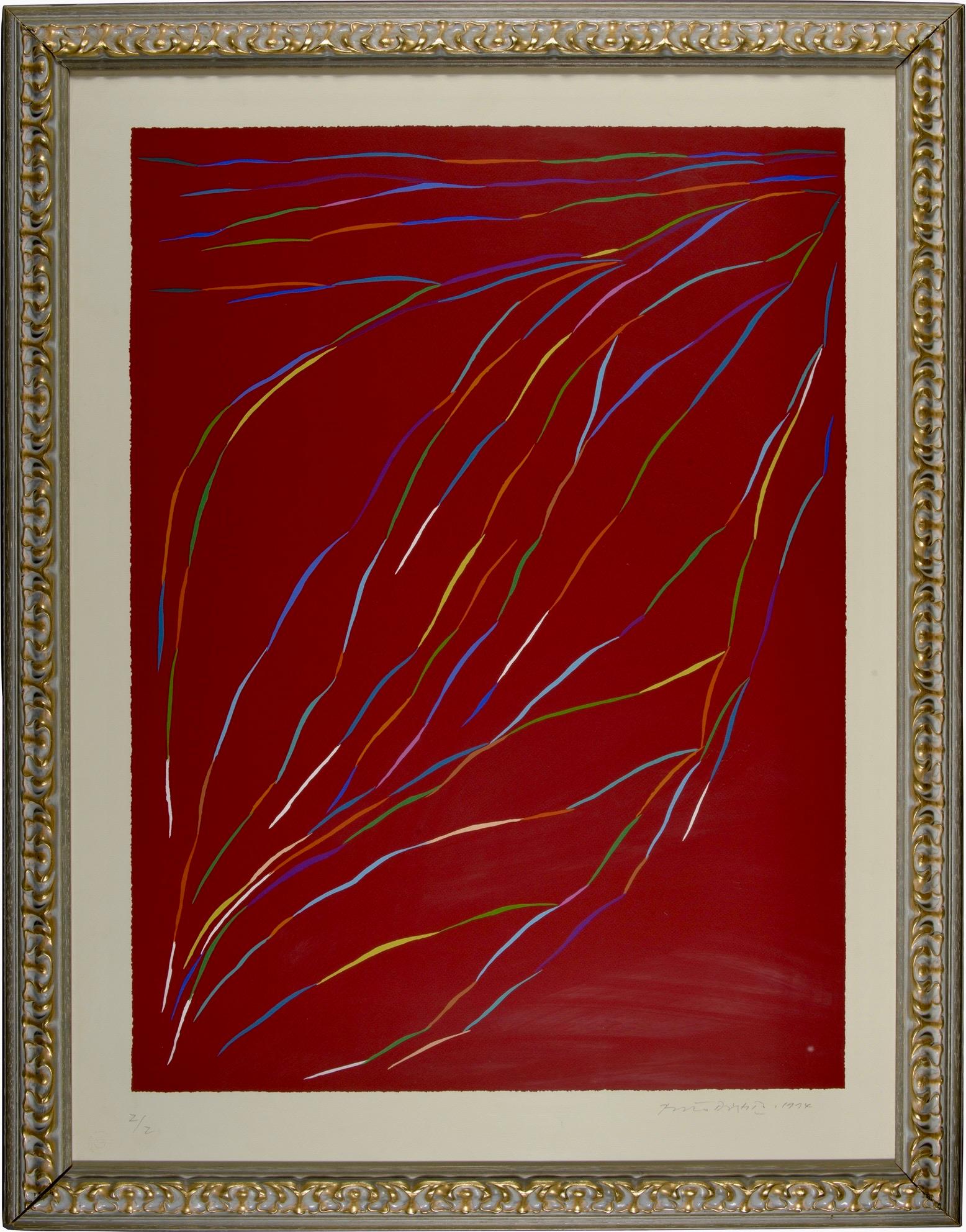 A beautiful graphic work by Piero Dorazio, one of Italy
s greatest modern artists. 
It reproduces one of his iconic abstract motifs with incredible effectiveness and intensity: a series of incomparably coloured streaks and stripes that move through