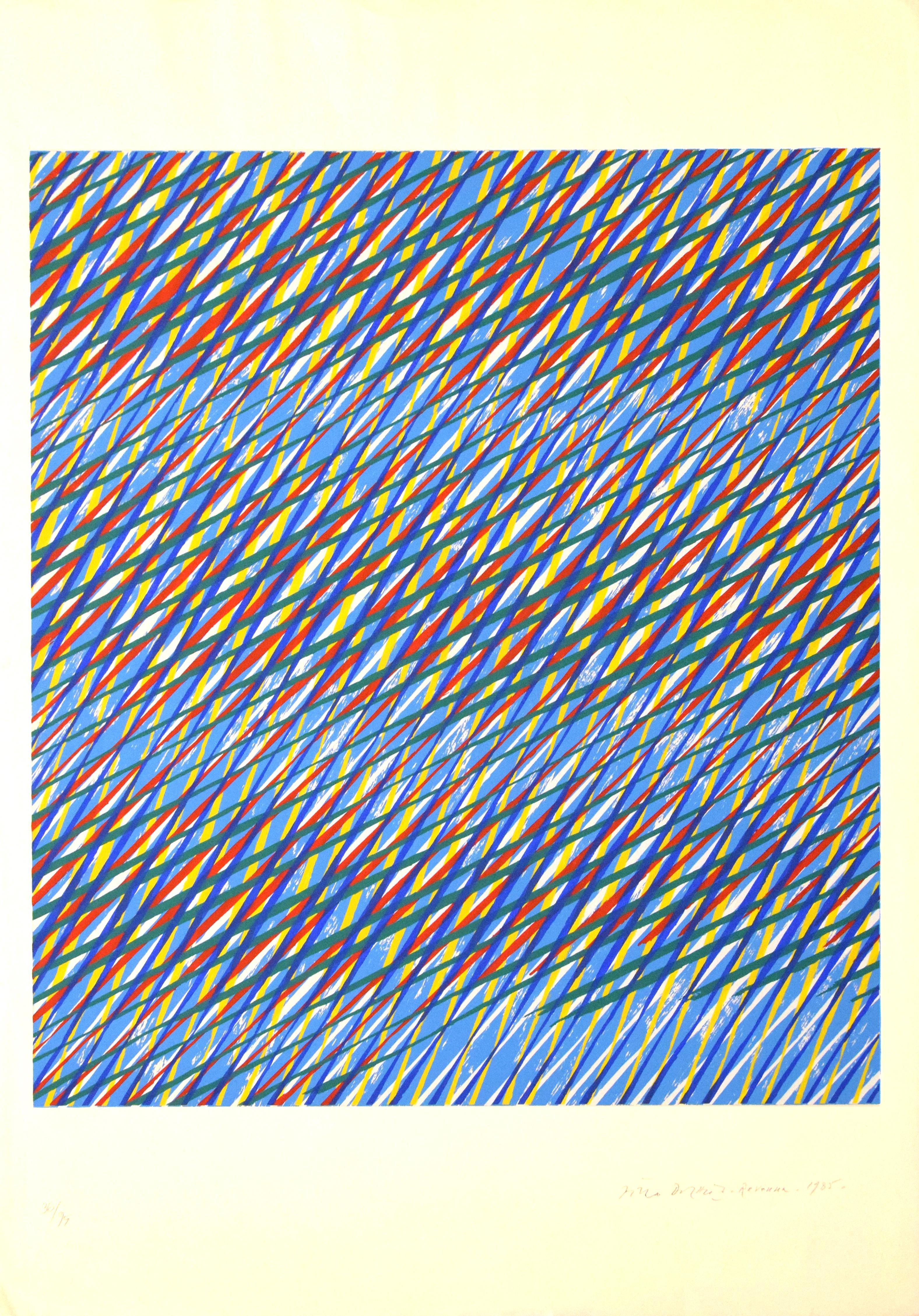 Crossing Lines is a joyful colored screen print realized in 1985 by Piero Dorazio.

Signed, dated, and numbered in pencil on the lower margin "Piero Dorazio, Ravenna, 1985". Edition of 95 prints. 
In excellent conditions, except for some little rips