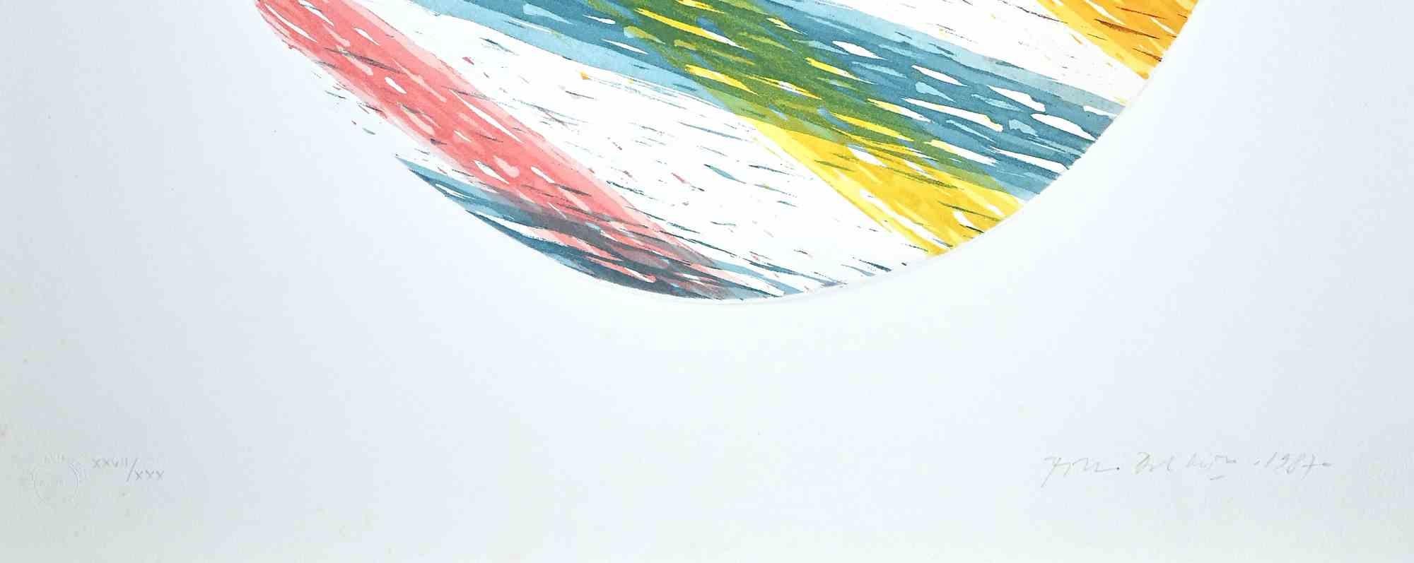 Oval is a color etching and aquatint on paper, realized in 1987 by the Italian graphic master Piero Dorazio (Rome, 1927 - Perugia, 2005).

Signed and dated in pencil 