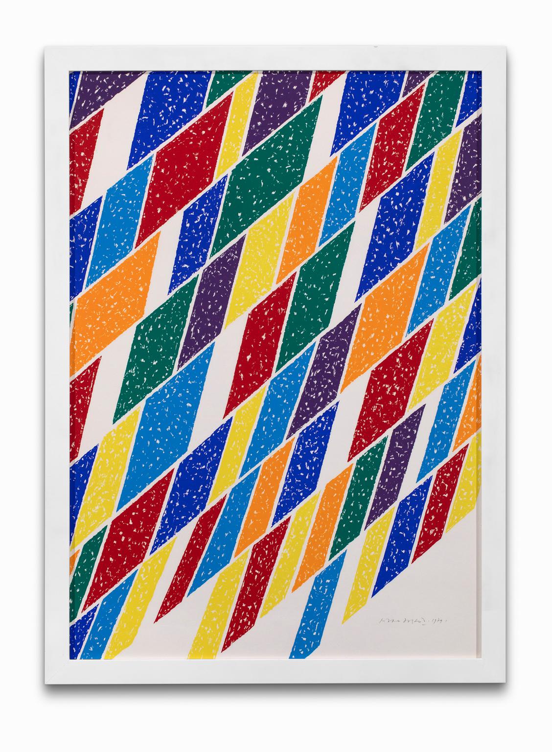 The work is a Lithograph, not numbered, but signed and dated by the artist, Piero Dorazio. The print has an intense color field with a strong linear element being composed of quadrilateral shapes that vary in size thus producing a kinetic energy