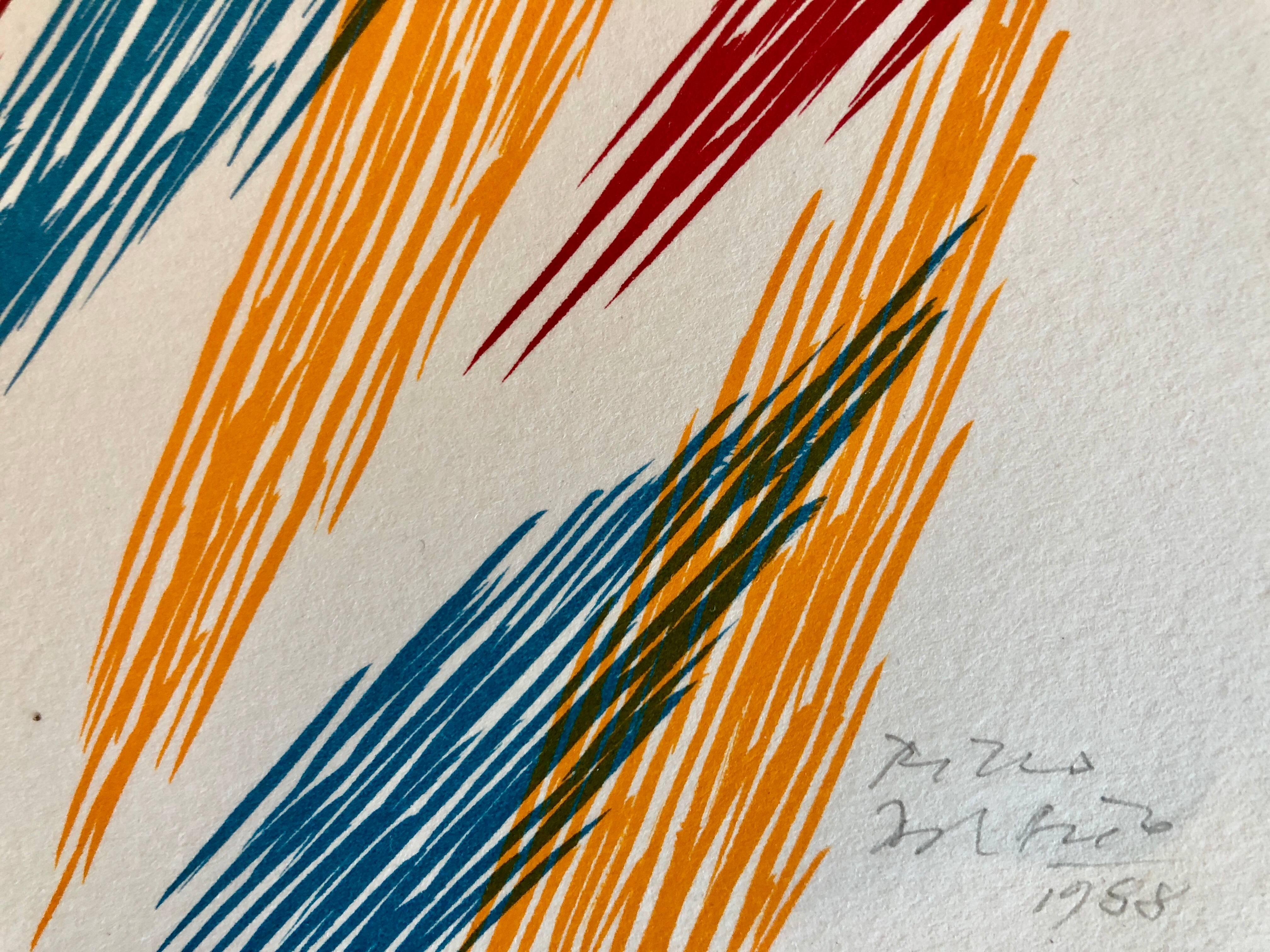 Gorgeous lithograph in primary and secondary colors. Heavy paper with beautiful edges. Signed and dated 1988 in pencil by the artist on the front and again dated and titled on the back. 
. There is another 