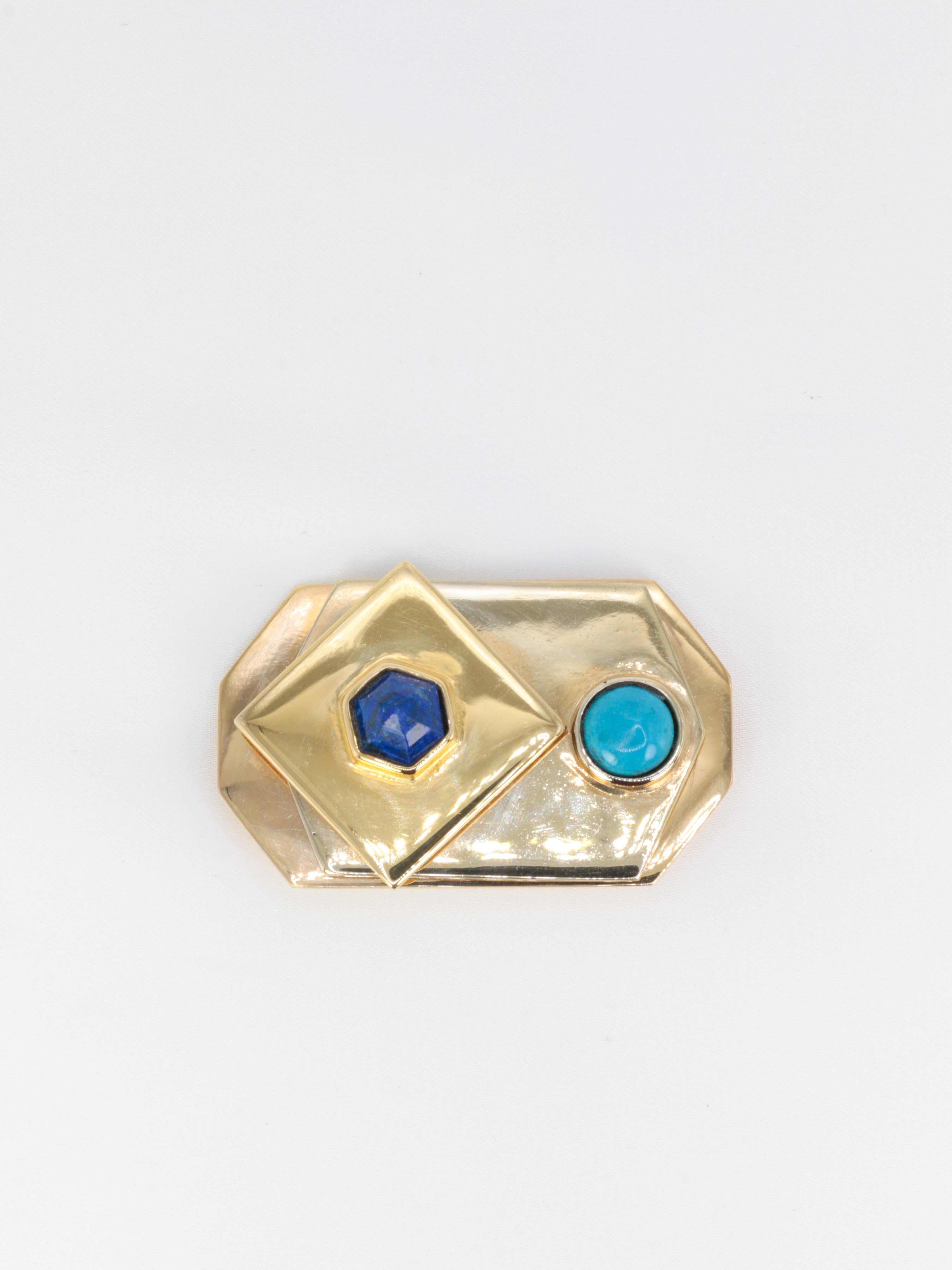 Piero Dorazio Vintage Brooch in Gold, Turquoise and Lapis Lazuli - Artcurial Edi In Excellent Condition For Sale In PARIS, FR