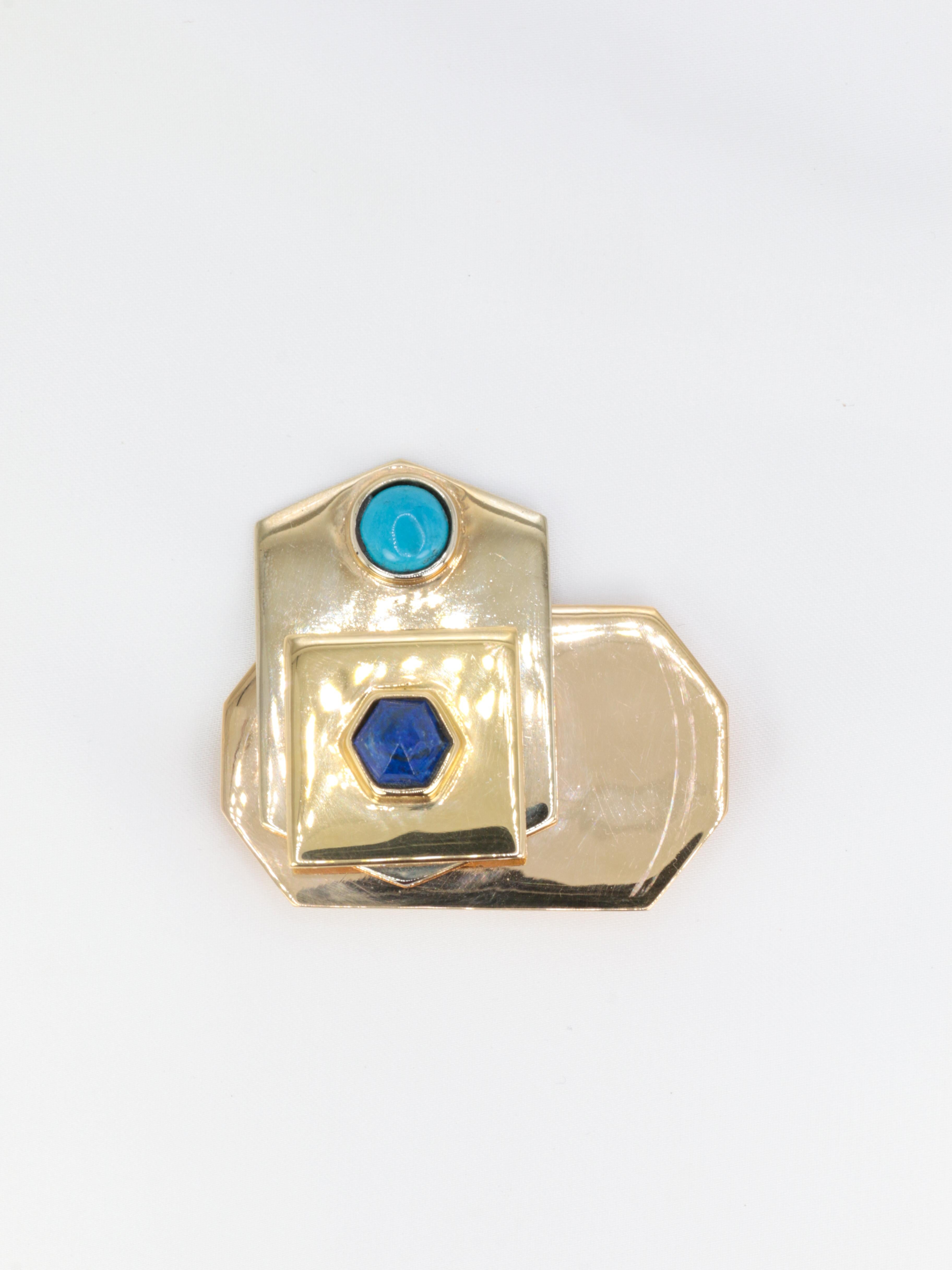 Women's or Men's Piero Dorazio Vintage Brooch in Gold, Turquoise and Lapis Lazuli - Artcurial Edi For Sale