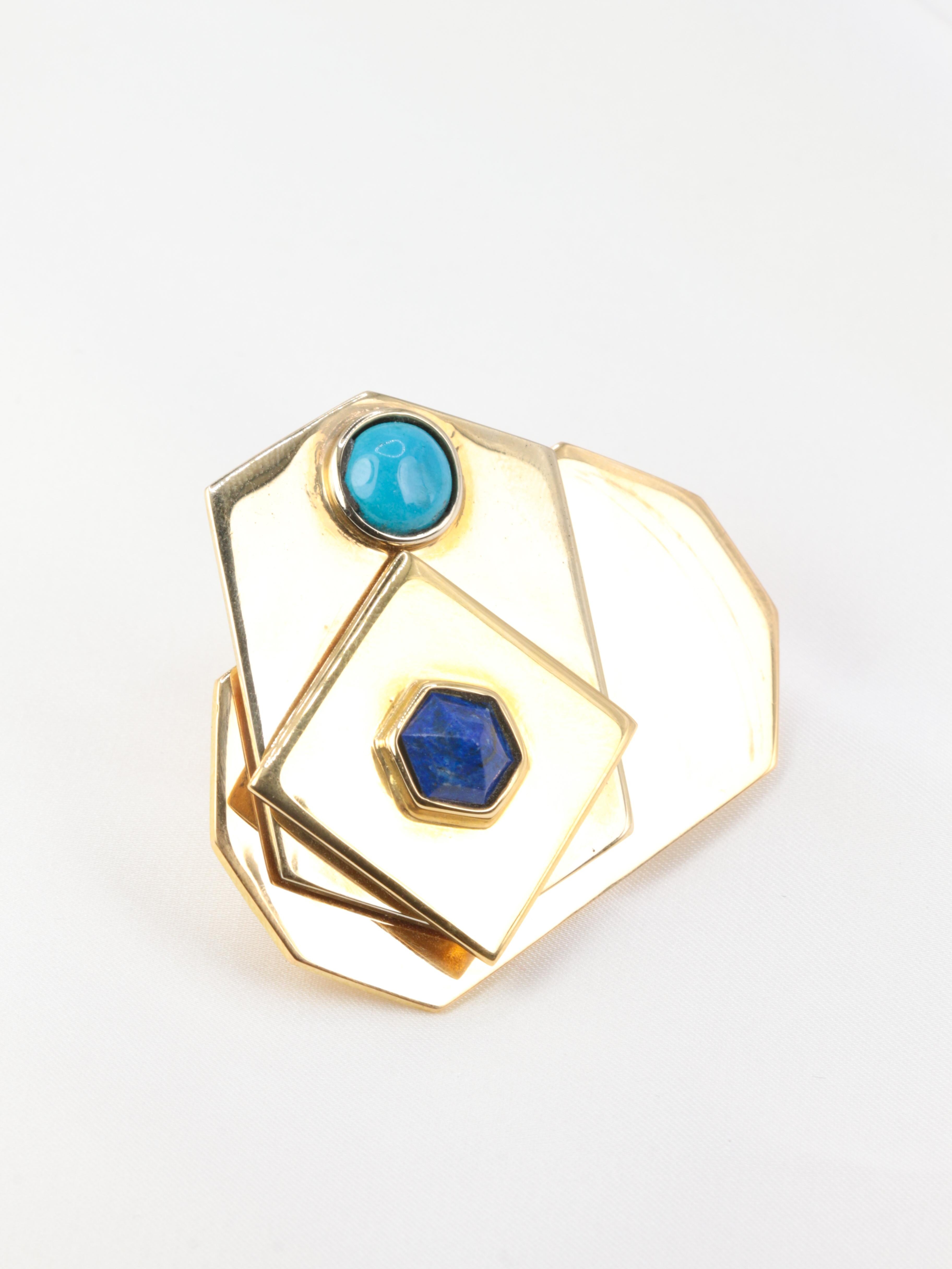 Piero Dorazio Vintage Brooch in Gold, Turquoise and Lapis Lazuli - Artcurial Edi For Sale 4