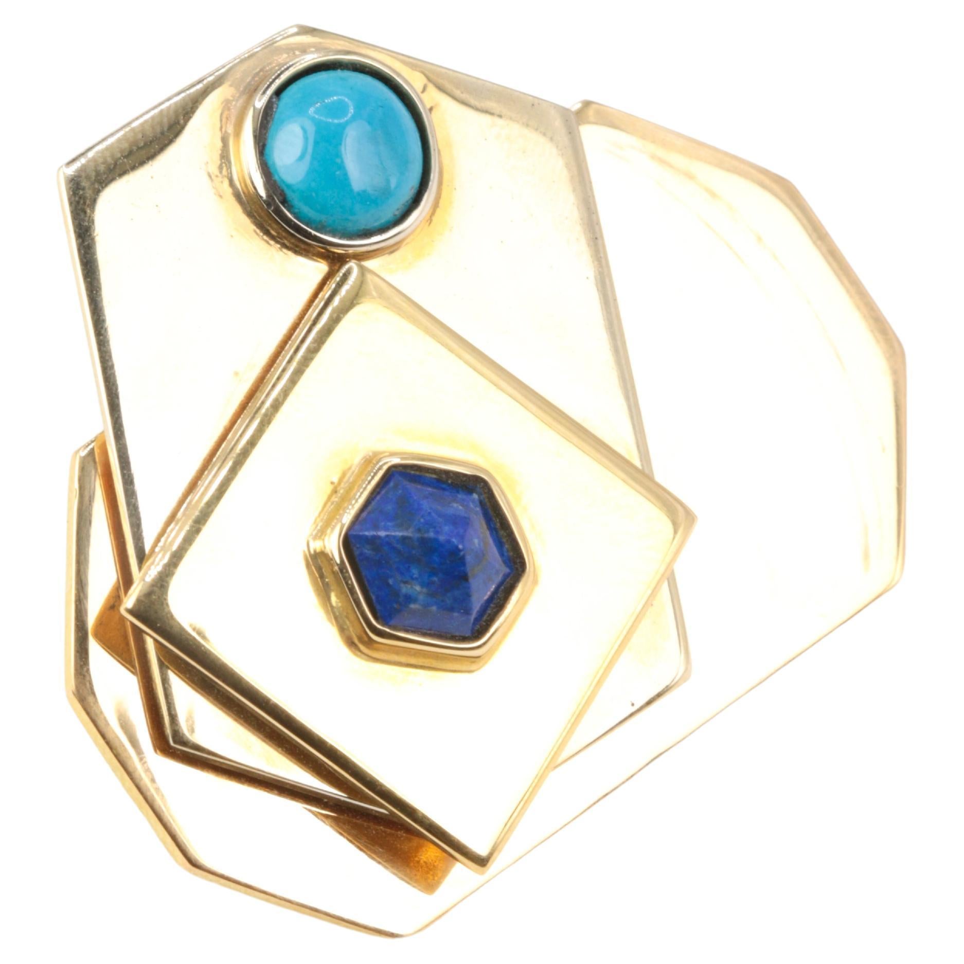 Piero Dorazio Vintage Brooch in Gold, Turquoise and Lapis Lazuli - Artcurial Edi For Sale