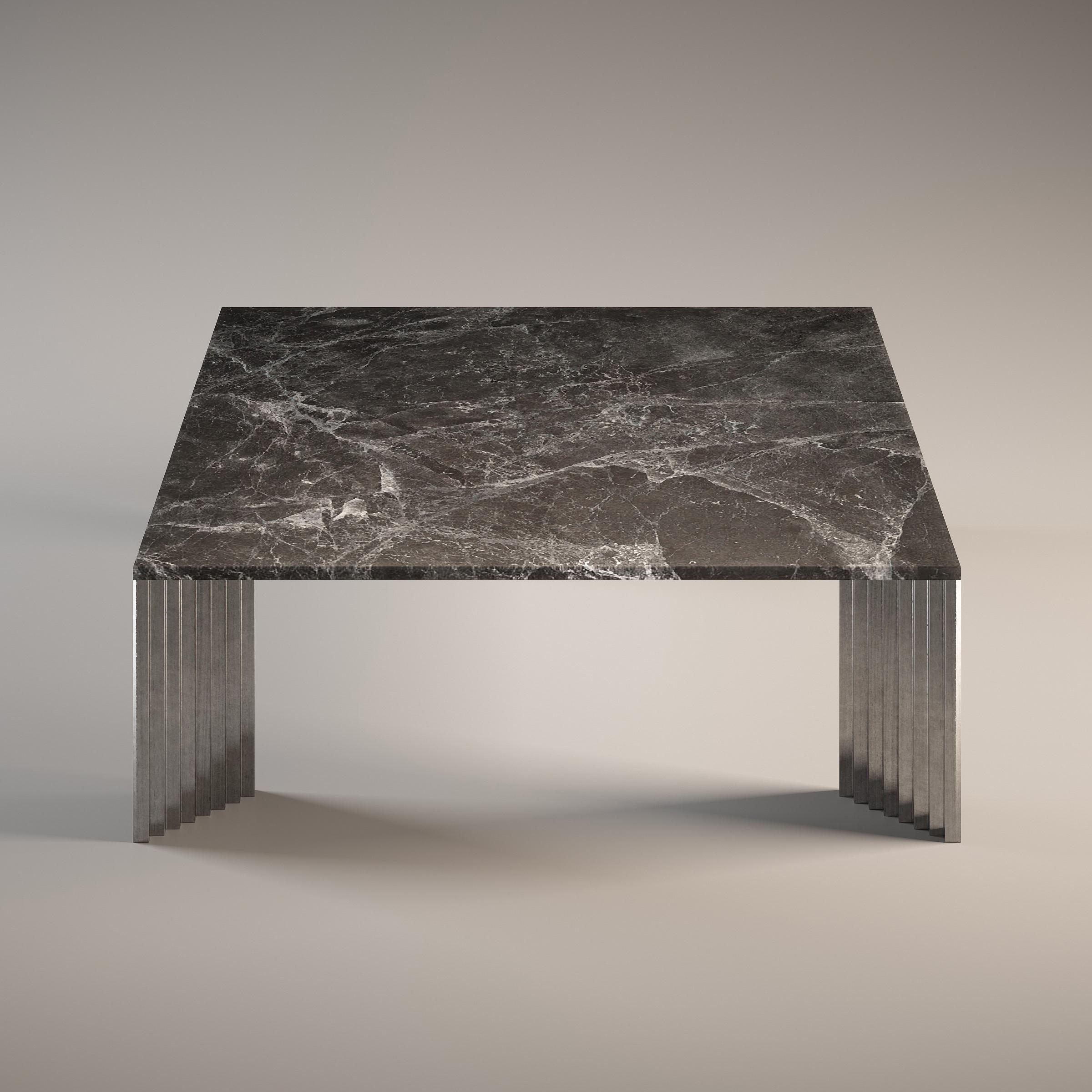 Piero Emperador Grey Coffee Table by Fred and Juul
Dimensions: D 120 x W 120 x H 40 cm.
Materials: Emperador Grey marble and aluminum.

Available in White Carrara, Rosa Tea or Emperador Grey marble tops. 
Available in bronze or aluminum legs. Custom