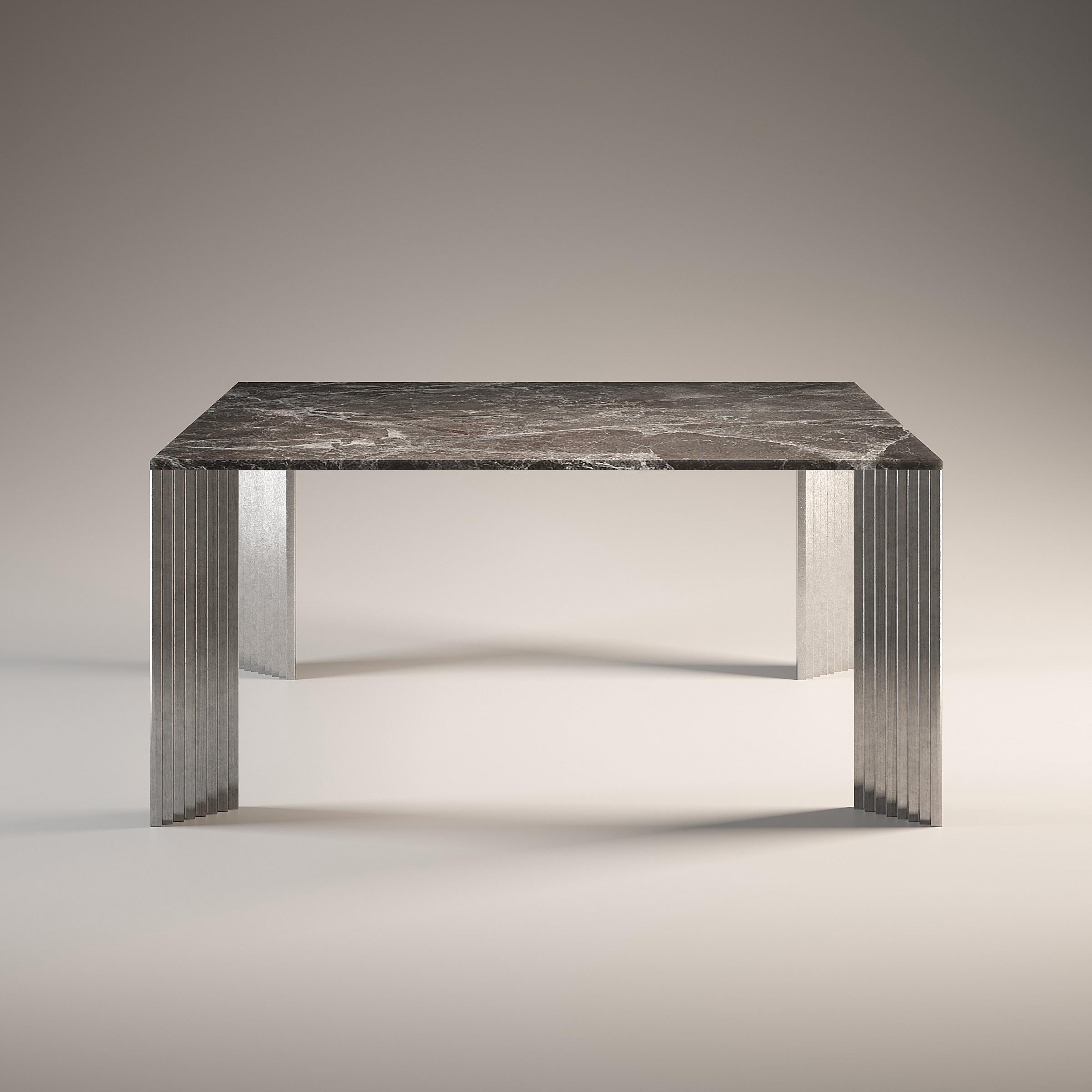 Piero Emperador Grey Dining Table by Fred and Juul
Dimensions: D 160 x W 160 x H 74 cm.
Materials: Emperador Grey marble and aluminum.

Available in Rosa Tea or Emperador Grey marble tops. Available in bronze or aluminum legs. Custom sizes,