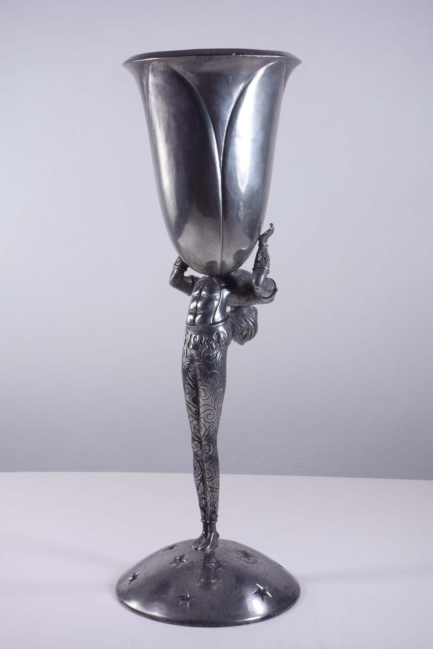 Aesthetic Movement Piero Figura Atena / Milan Italian Acrobat Pewter Metal Vase Centrepiece For Sale