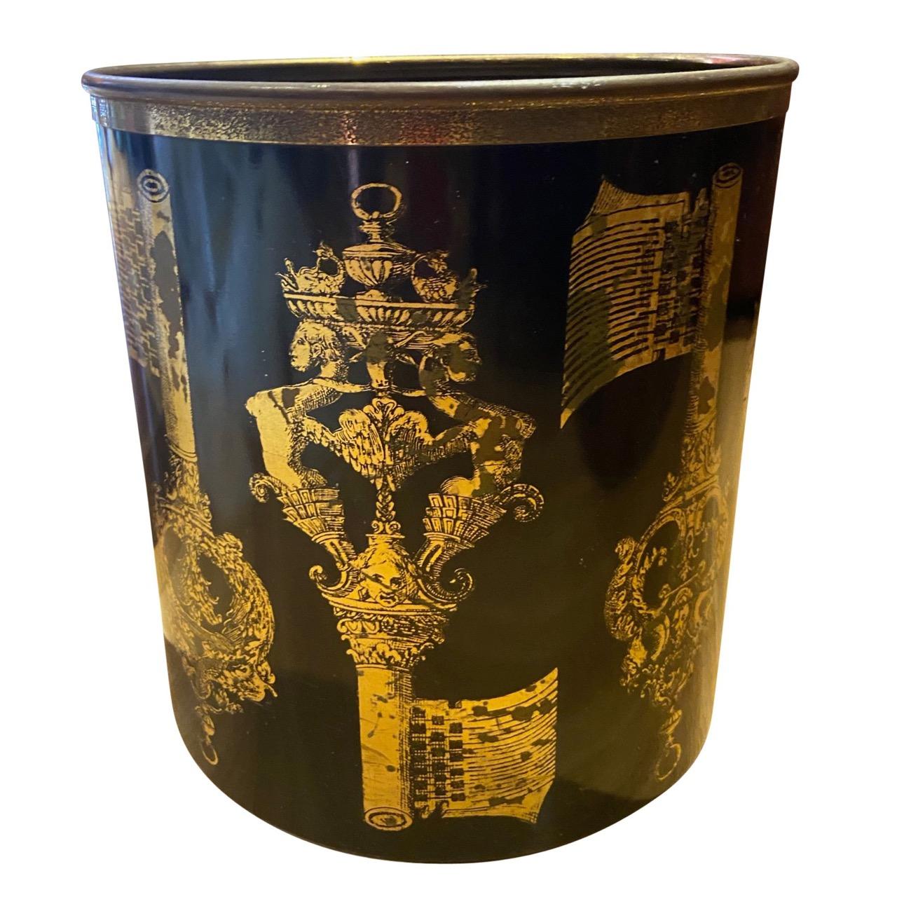 Piero Fornasetti 1950s Black and Gold Stencilled Key Design Paper Waste Basket For Sale 4