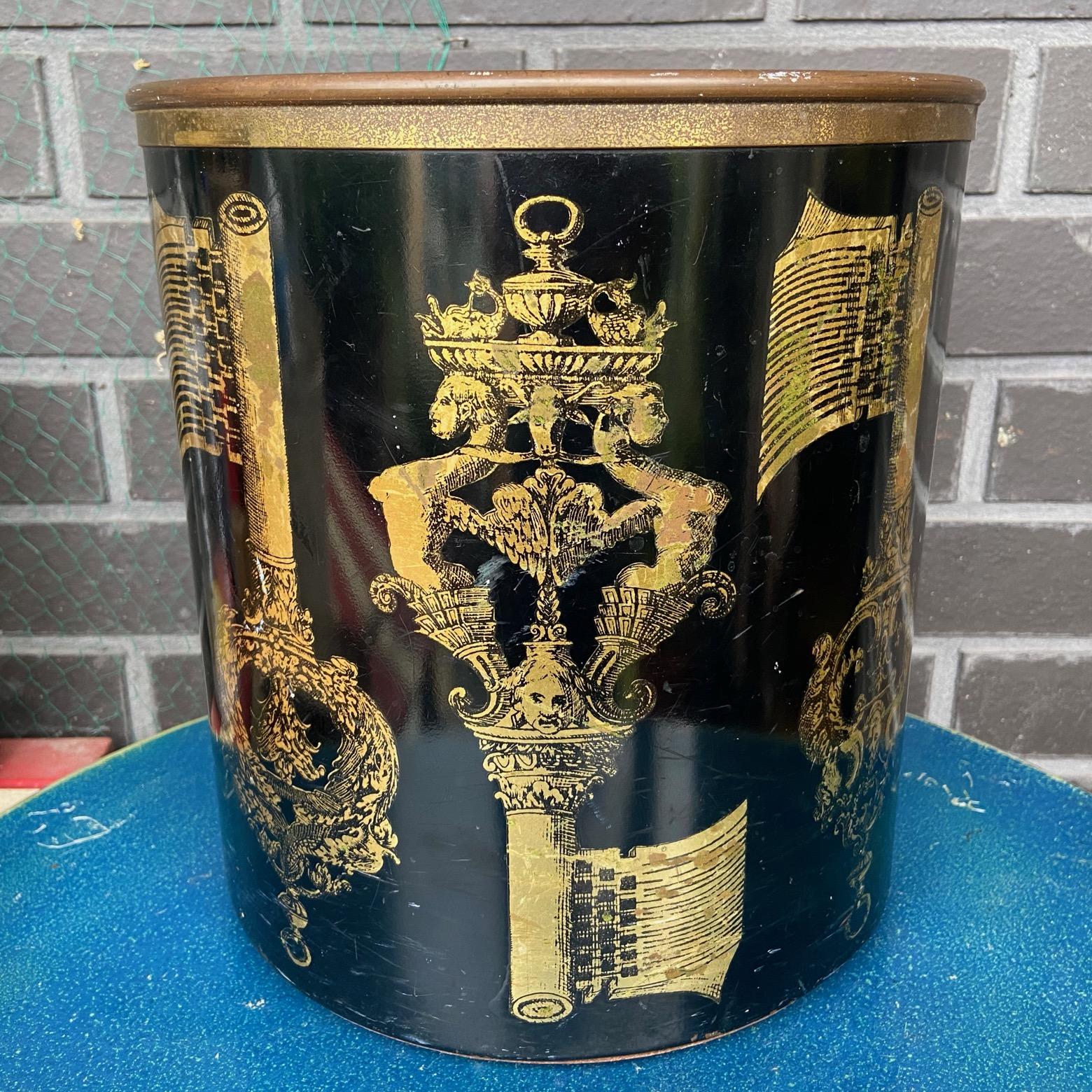 Italian Piero Fornasetti 1950s Black and Gold Stencilled Key Design Paper Waste Basket For Sale