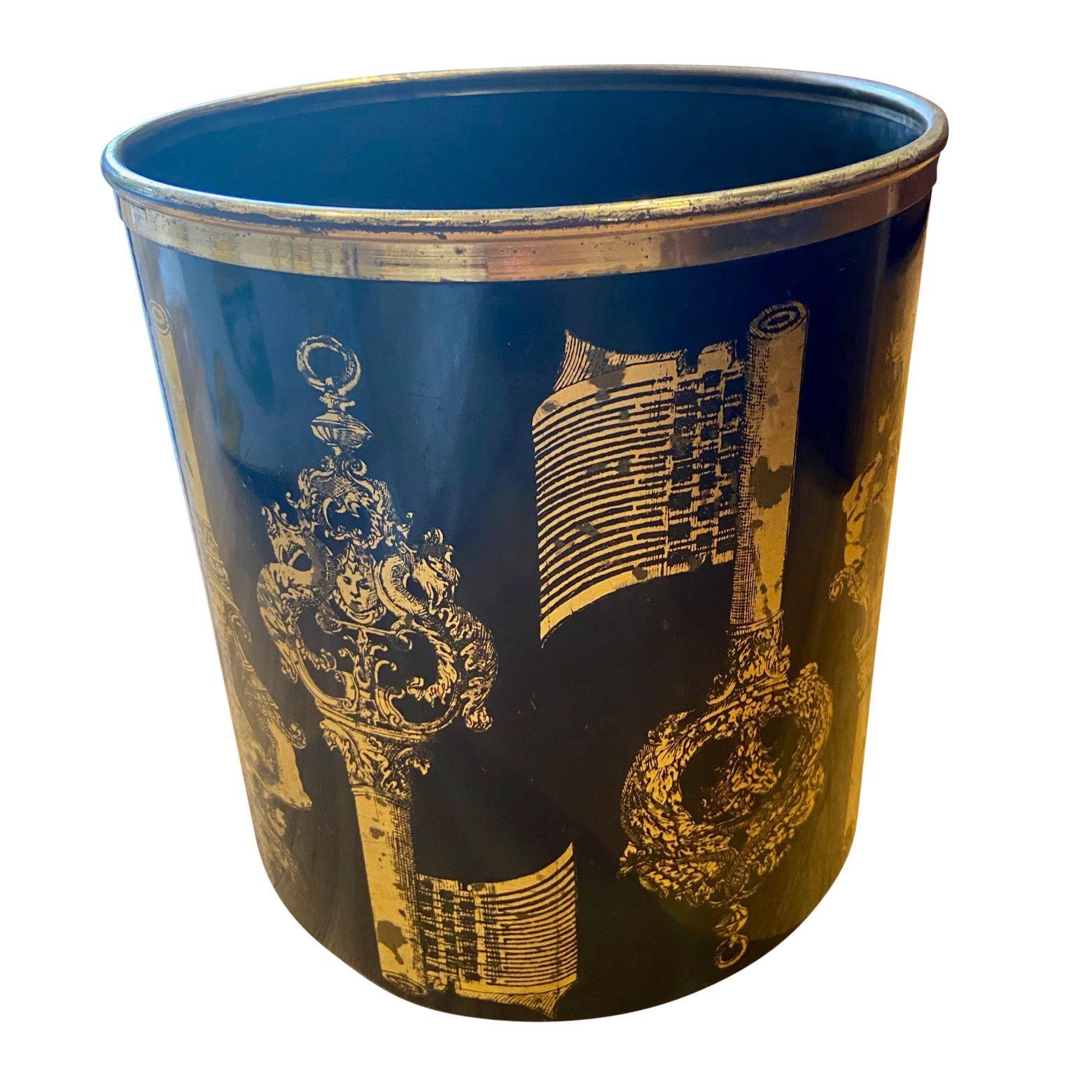 Piero Fornasetti 1950s Black and Gold Stencilled Key Design Paper Waste Basket In Fair Condition For Sale In London, GB