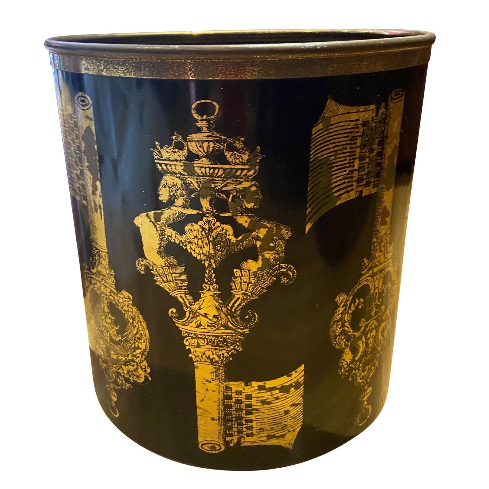 20th Century Piero Fornasetti 1950s Black and Gold Stencilled Key Design Paper Waste Basket For Sale