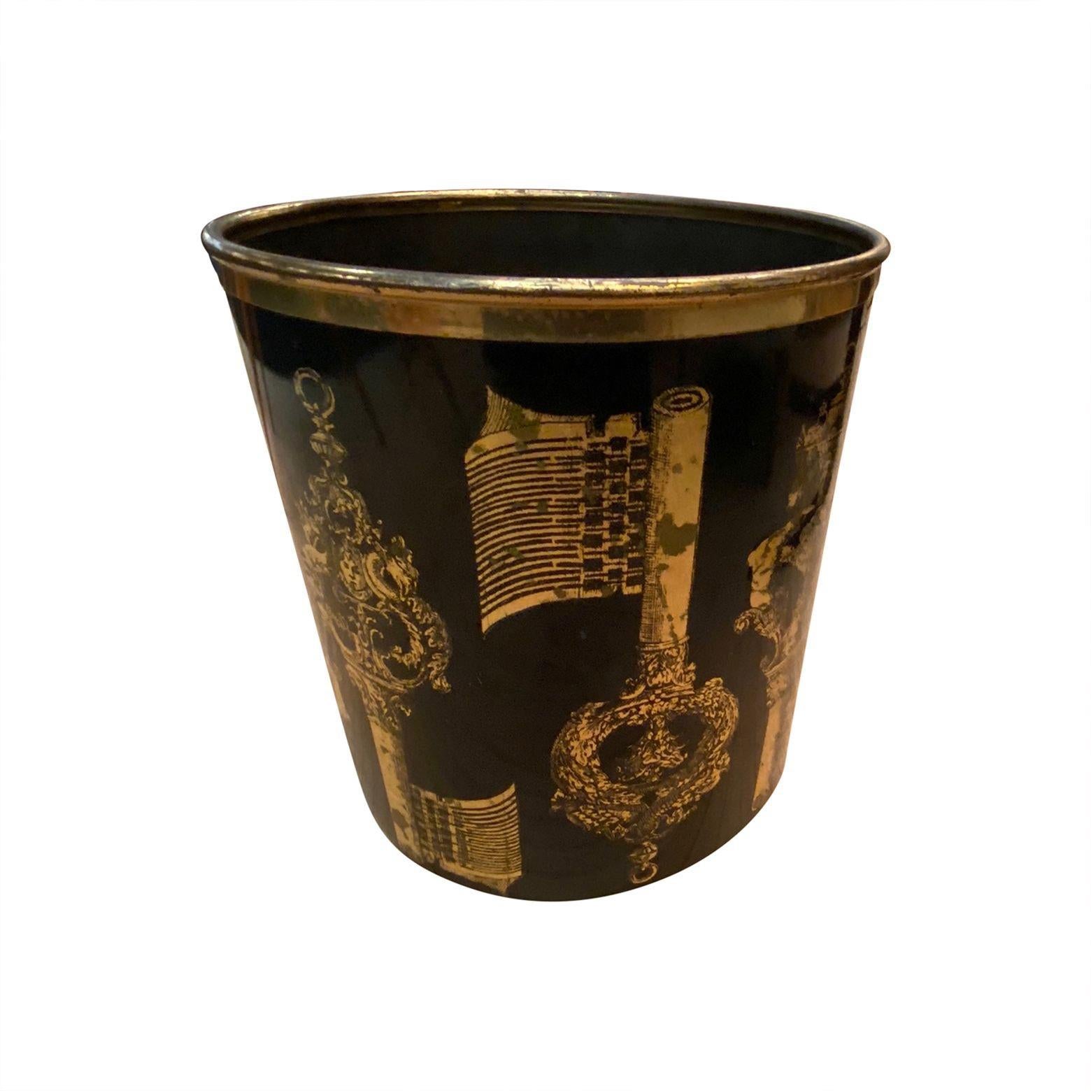 Brass Piero Fornasetti 1950s Black and Gold Stencilled Key Design Paper Waste Basket